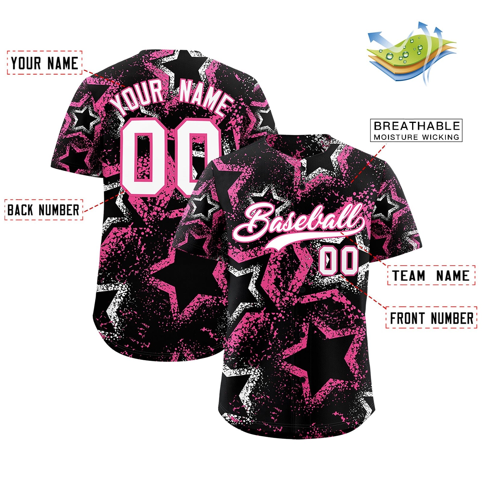 Custom Black White Pink Star-Shaped Ink Texture Graffiti Pattern Baseball Jersey | Sublimation Printed & Stitched,Add Name and Numbern,Perfect for Parties,Perfect for Training | KXKSHOP