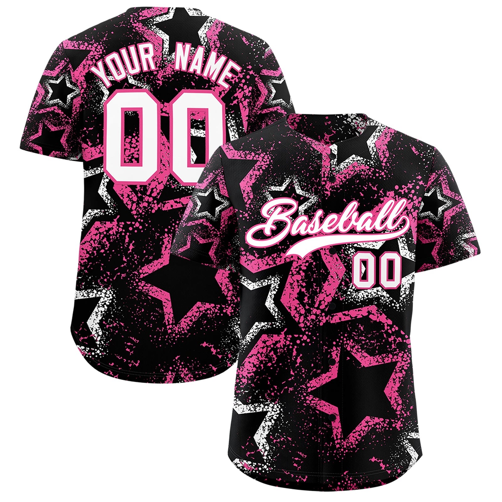 Custom Black White Pink Star-Shaped Ink Texture Graffiti Pattern Baseball Jersey | Sublimation Printed & Stitched,Add Name and Numbern,Perfect for Parties,Perfect for Training | KXKSHOP