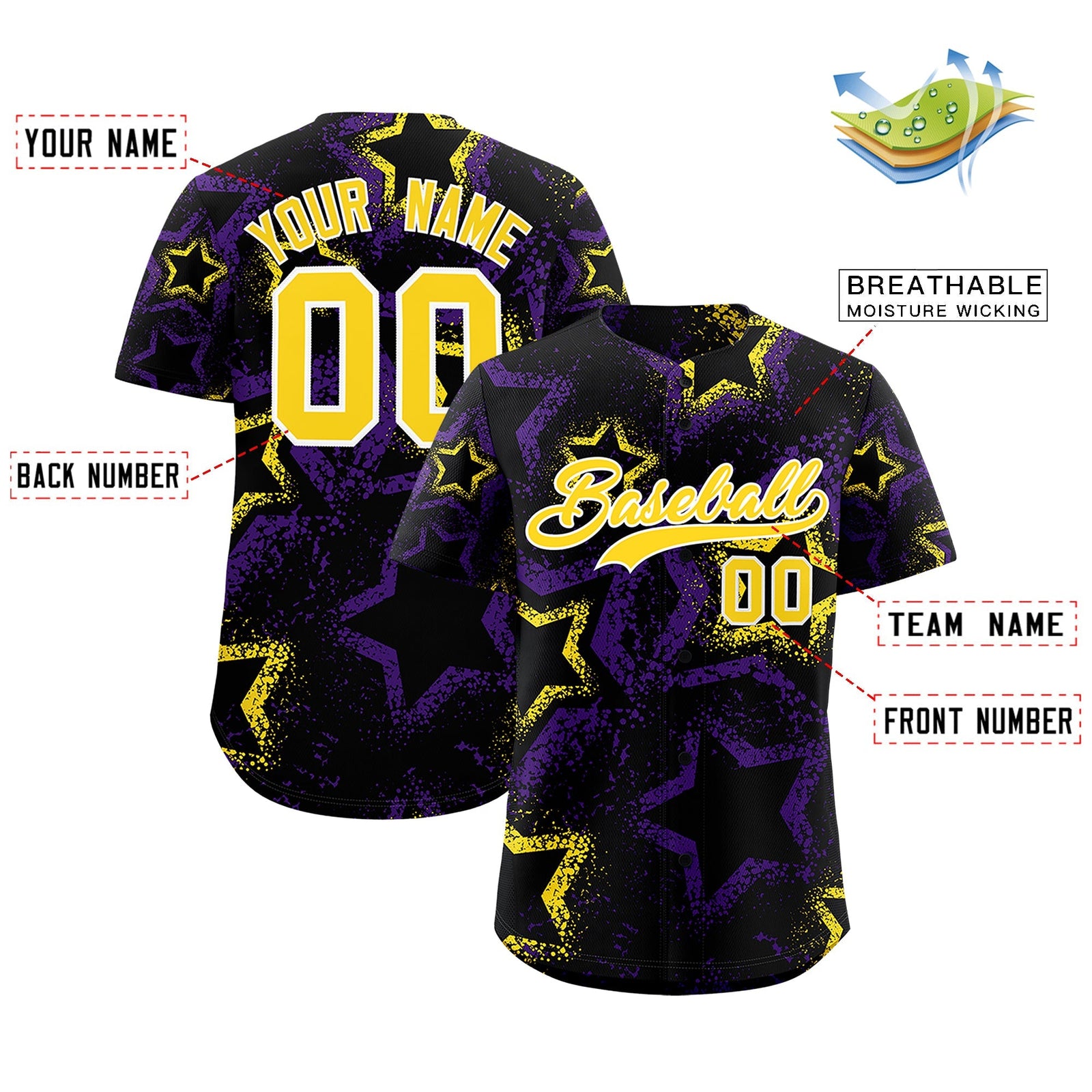 Custom Black Gold White Star-Shaped Ink Texture Graffiti Pattern Baseball Jersey | Sublimation Printed & Stitched,Add Name and Numbern,Perfect for Parties,Perfect for Training | KXKSHOP