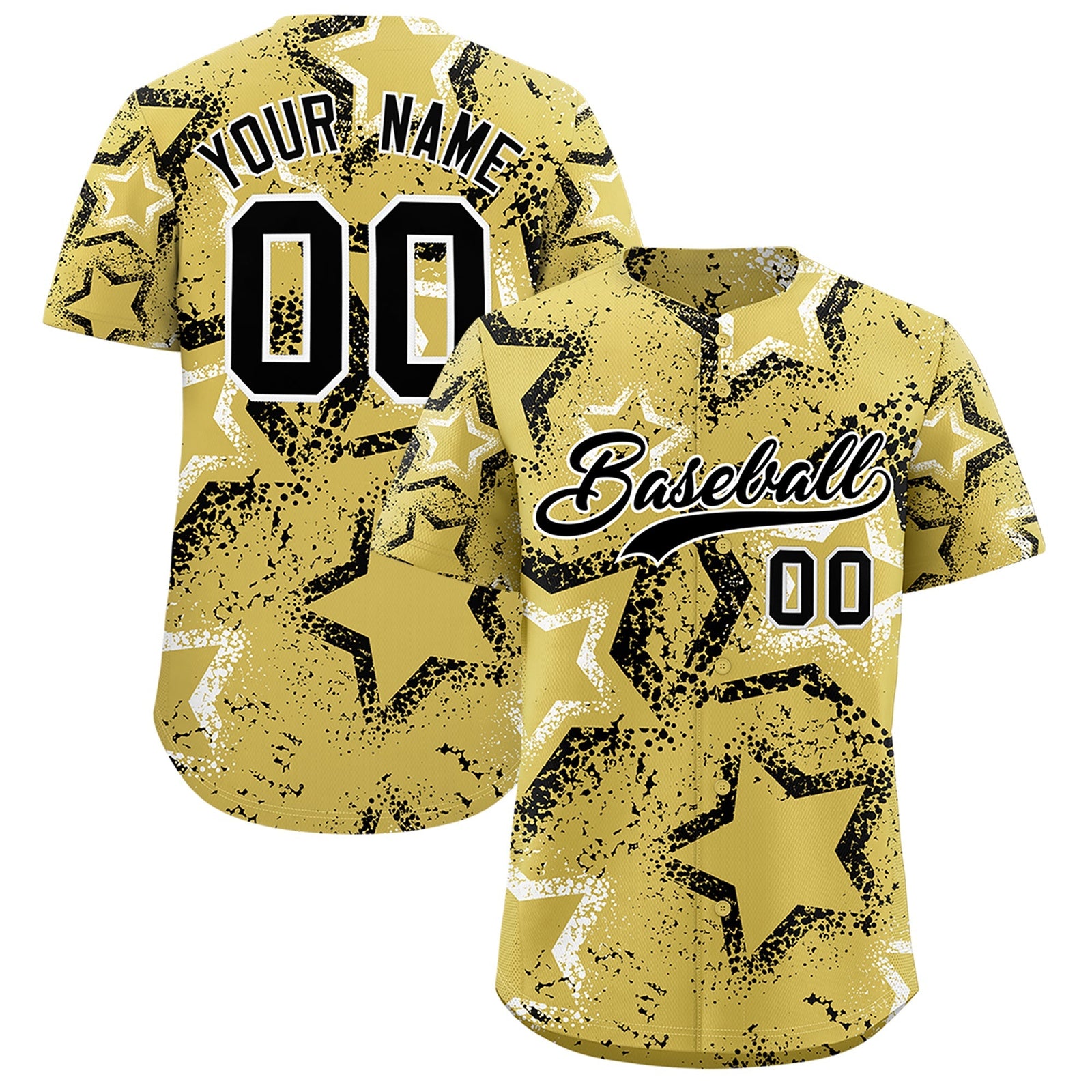 Custom Old Gold White Black Star-Shaped Ink Texture Graffiti Pattern Baseball Jersey | Sublimation Printed & Stitched,Add Name and Numbern,Perfect for Parties,Perfect for Training | KXKSHOP