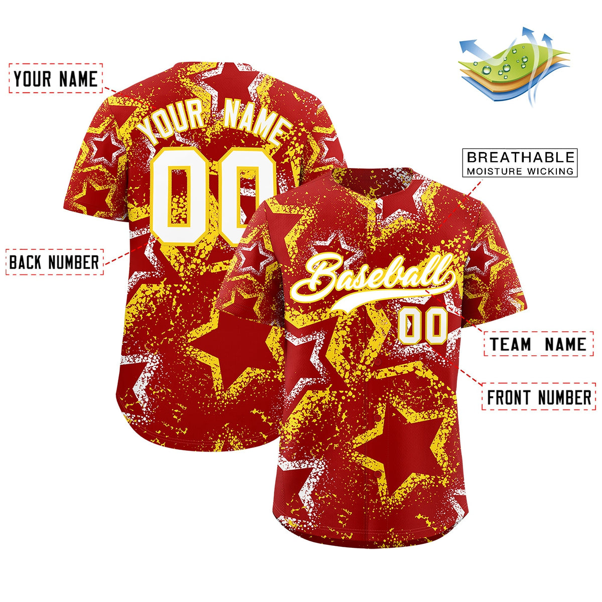 Custom Red White Gold Star-Shaped Ink Texture Graffiti Pattern Baseball Jersey | Sublimation Printed &amp; Stitched,Add Name and Numbern,Perfect for Parties,Perfect for Training | KXKSHOP