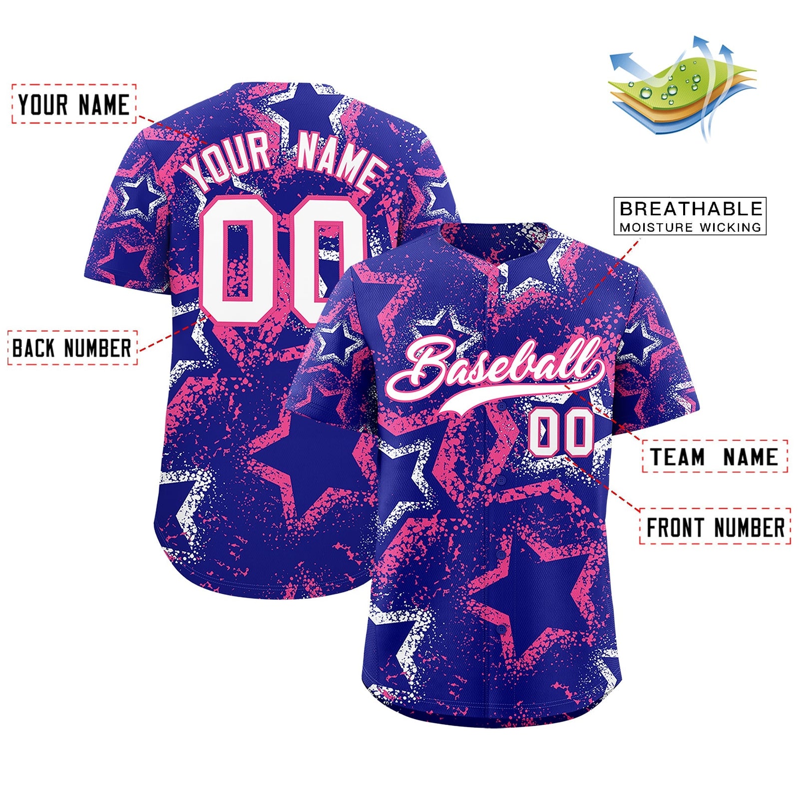 Custom Royal Blue White Pink Star-Shaped Ink Texture Graffiti Pattern Baseball Jersey | Sublimation Printed & Stitched,Add Name and Numbern,Perfect for Parties,Perfect for Training | KXKSHOP
