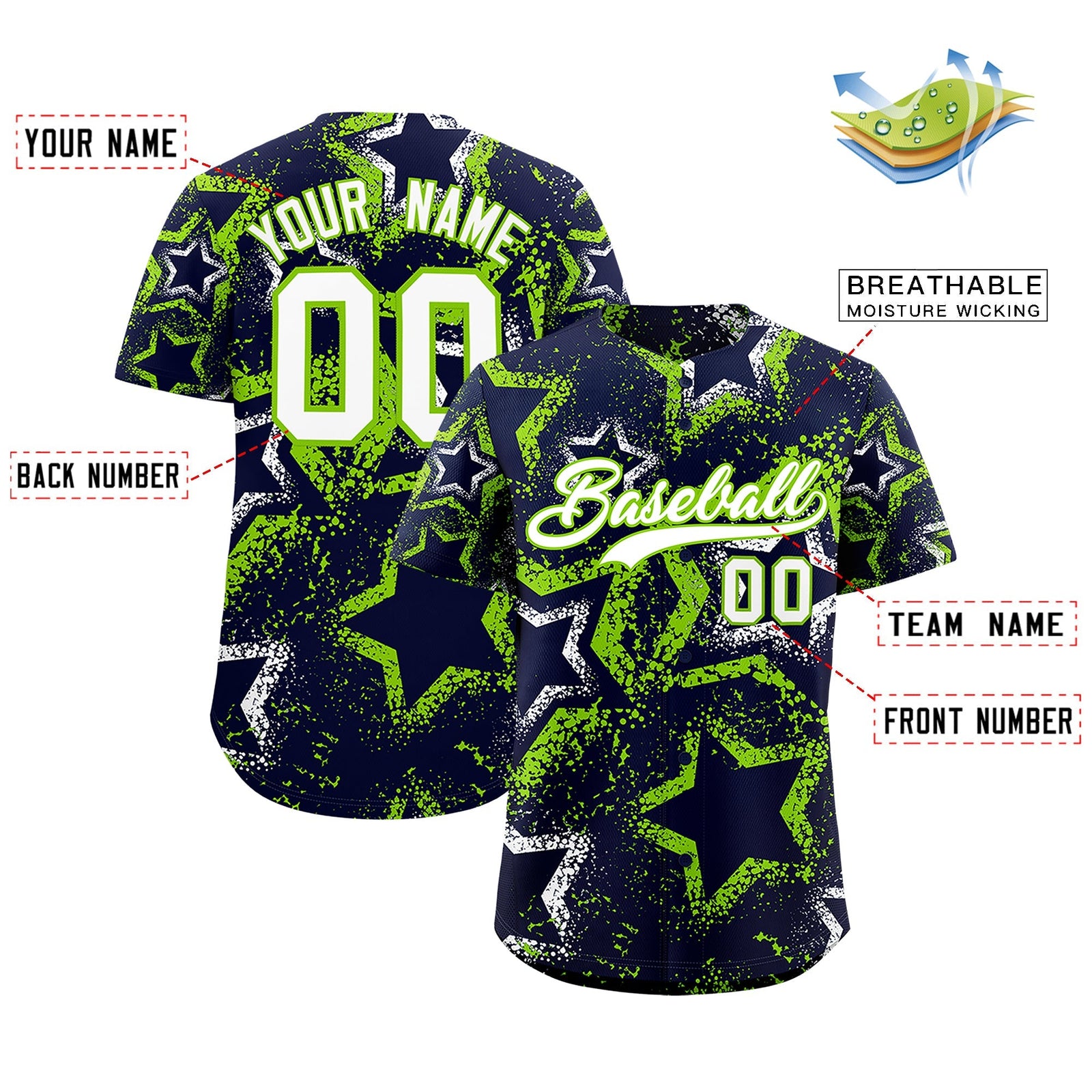 Custom Navy White Neon Green Star-Shaped Ink Texture Graffiti Pattern Baseball Jersey | Sublimation Printed & Stitched,Add Name and Numbern,Perfect for Parties,Perfect for Training | KXKSHOP