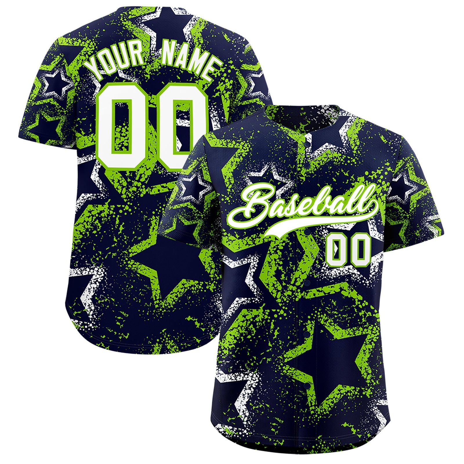 Custom Navy White Neon Green Star-Shaped Ink Texture Graffiti Pattern Baseball Jersey | Sublimation Printed & Stitched,Add Name and Numbern,Perfect for Parties,Perfect for Training | KXKSHOP