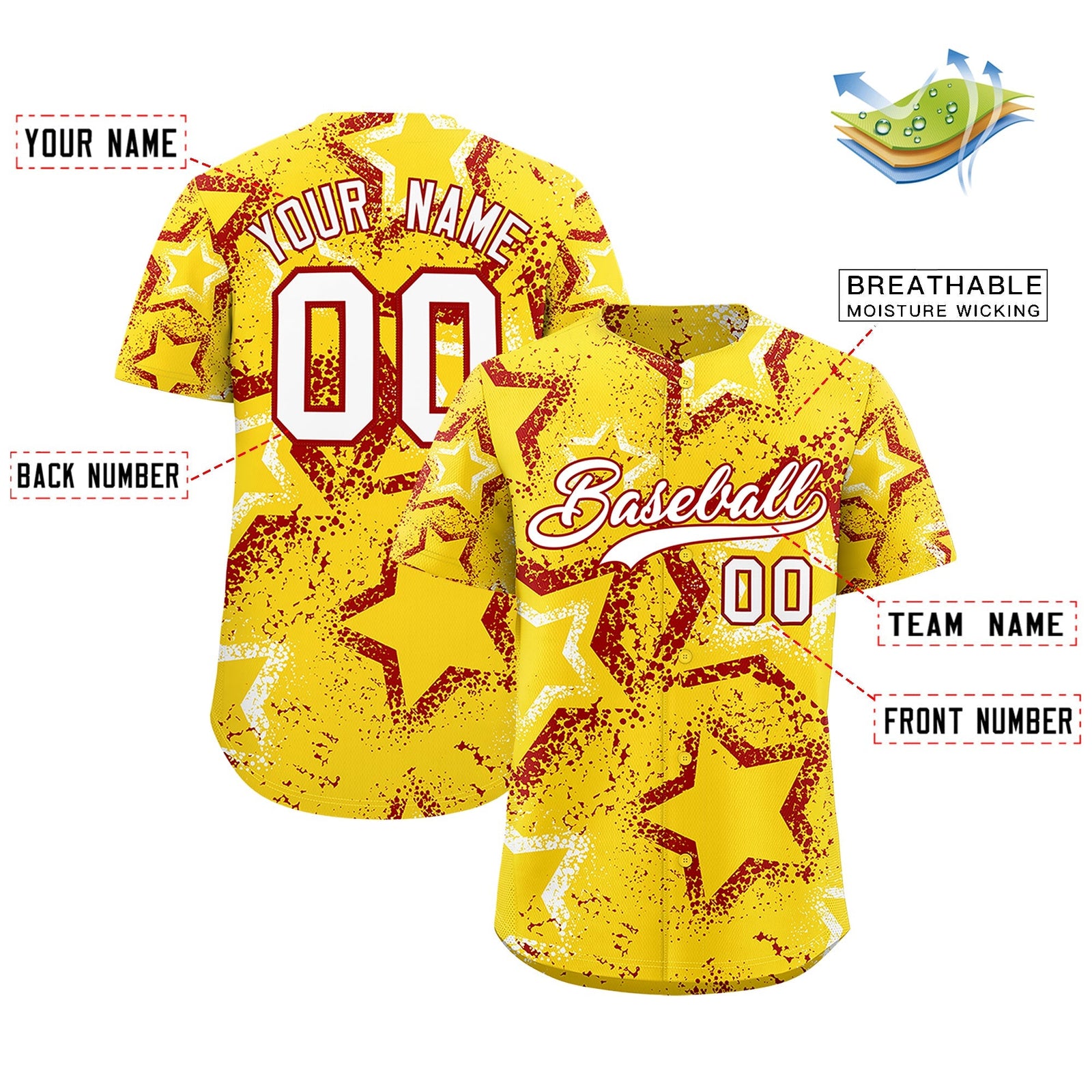 Custom Gold White Red Star-Shaped Ink Texture Graffiti Pattern Baseball Jersey | Sublimation Printed & Stitched,Add Name and Numbern,Perfect for Parties,Perfect for Training | KXKSHOP