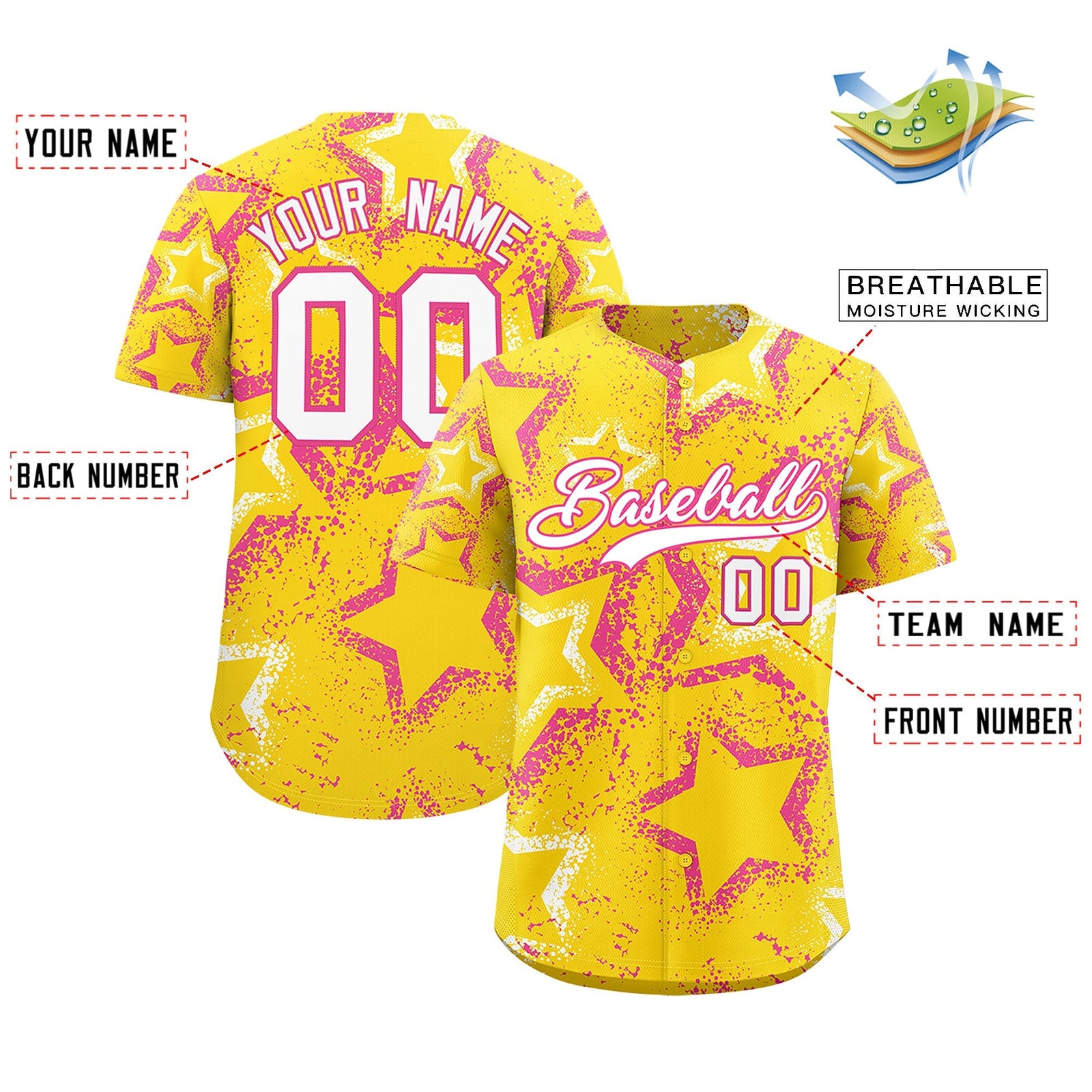 Custom Gold White Pink Star-Shaped Ink Texture Graffiti Pattern Baseball Jersey | Sublimation Printed & Stitched,Add Name and Numbern,Perfect for Parties,Perfect for Training | KXKSHOP