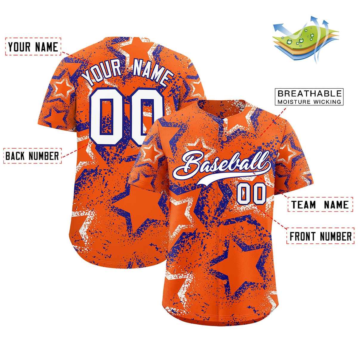 Custom Orange White Royal Blue Star-Shaped Ink Texture Graffiti Pattern Baseball Jersey | Sublimation Printed &amp; Stitched,Add Name and Numbern,Perfect for Parties,Perfect for Training | KXKSHOP
