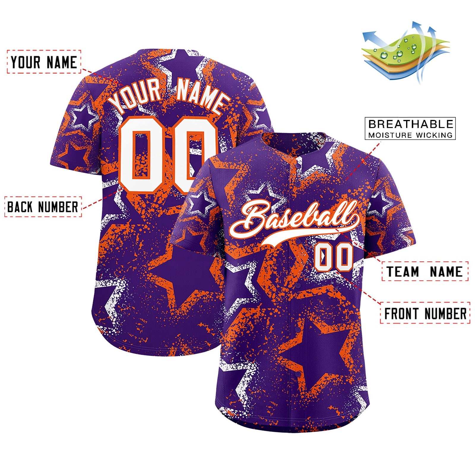 Custom Purple White Orange Star-Shaped Ink Texture Graffiti Pattern Baseball Jersey | Sublimation Printed & Stitched,Add Name and Numbern,Perfect for Parties,Perfect for Training | KXKSHOP