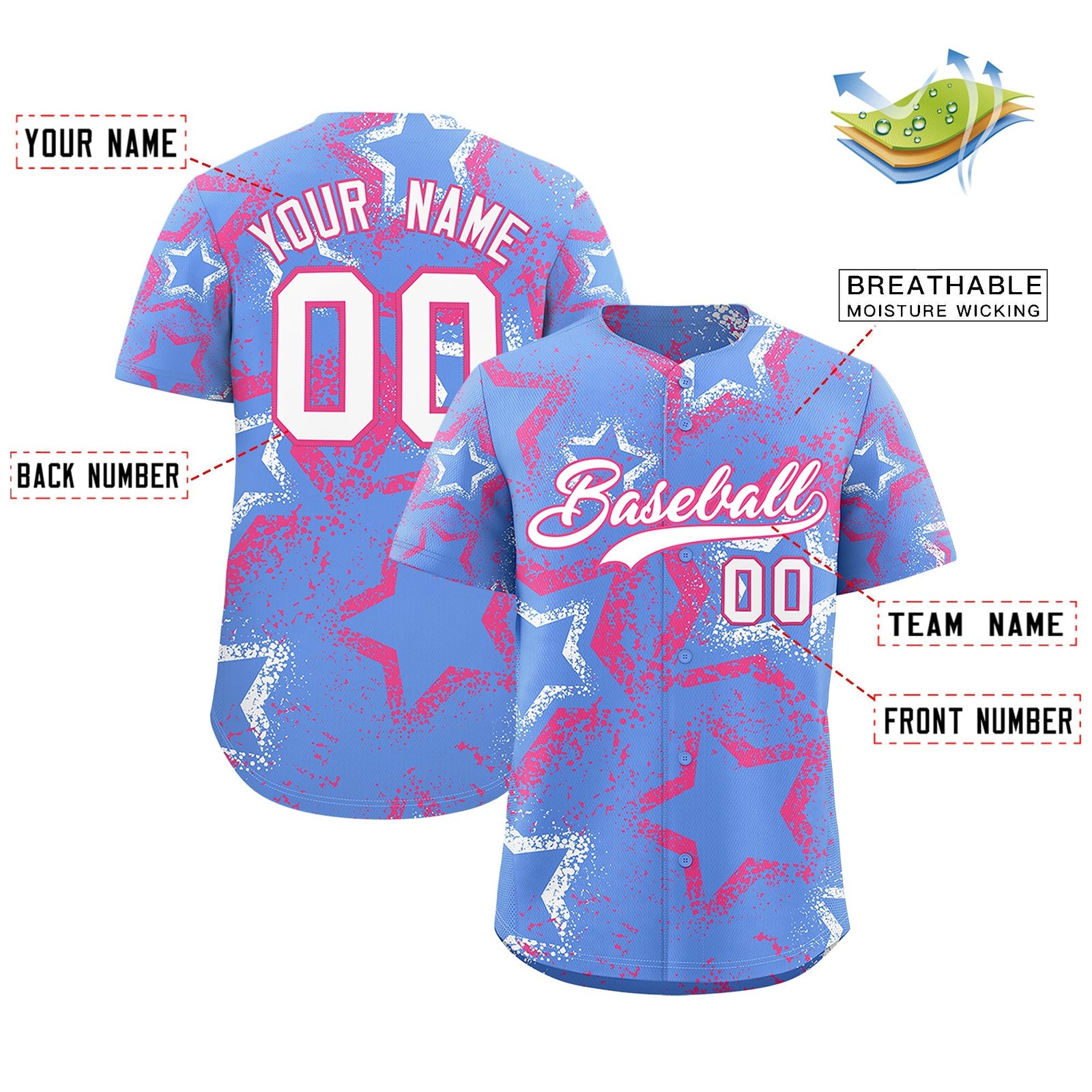 Custom Light Blue White Pink Star-Shaped Ink Texture Graffiti Pattern Baseball Jersey | Sublimation Printed & Stitched,Add Name and Numbern,Perfect for Parties,Perfect for Training | KXKSHOP