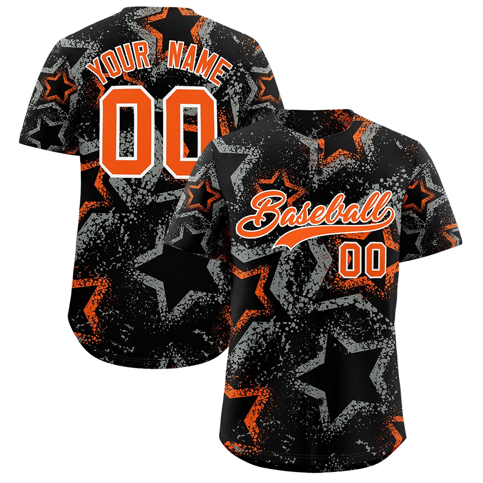 Custom Black Orange White Star-Shaped Ink Texture Graffiti Pattern Baseball Jersey | Sublimation Printed & Stitched,Add Name and Numbern,Perfect for Parties,Perfect for Training | KXKSHOP