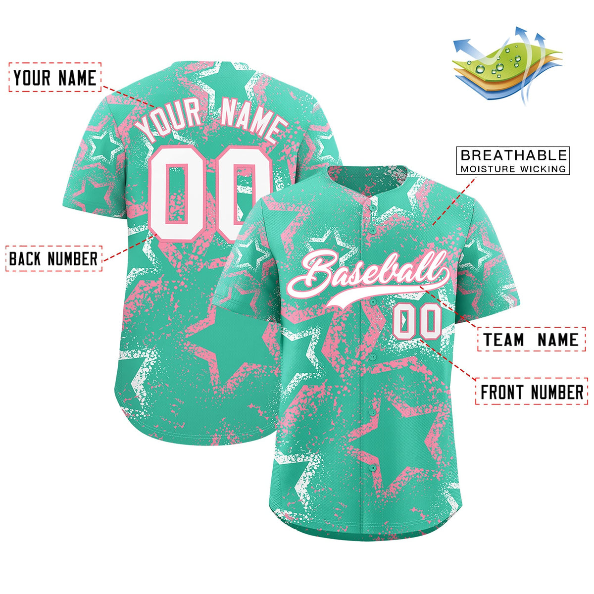 Custom Bright Green White Light Pink Star-Shaped Ink Texture Graffiti Pattern Baseball Jersey | Sublimation Printed & Stitched,Add Name and Numbern,Perfect for Parties,Perfect for Training | KXKSHOP