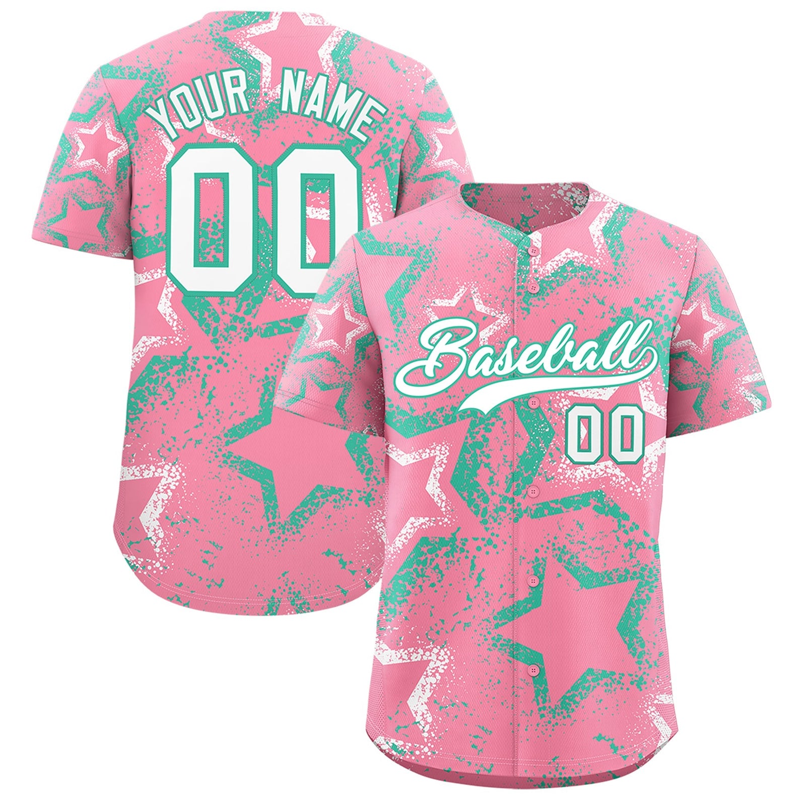 Custom Light Pink White Bright Green Star-Shaped Ink Texture Graffiti Pattern Baseball Jersey | Sublimation Printed & Stitched,Add Name and Numbern,Perfect for Parties,Perfect for Training | KXKSHOP