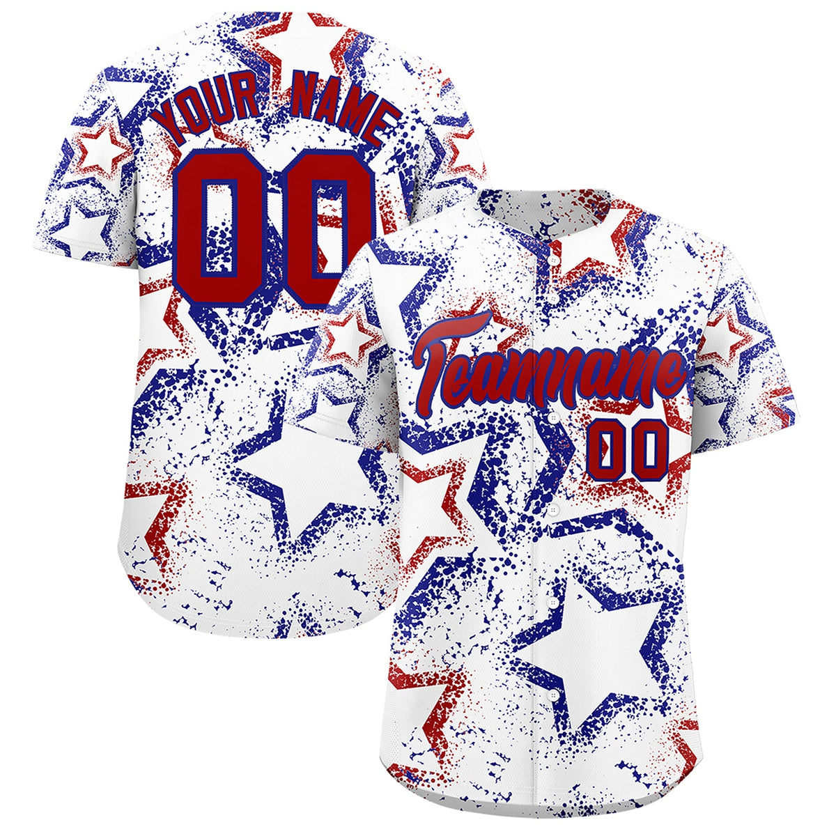 Custom White Royal Blue Red Star-Shaped Ink Texture Graffiti Pattern Baseball Jersey | Sublimation Printed & Stitched,Add Name and Numbern,Perfect for Parties,Perfect for Training | KXKSHOP