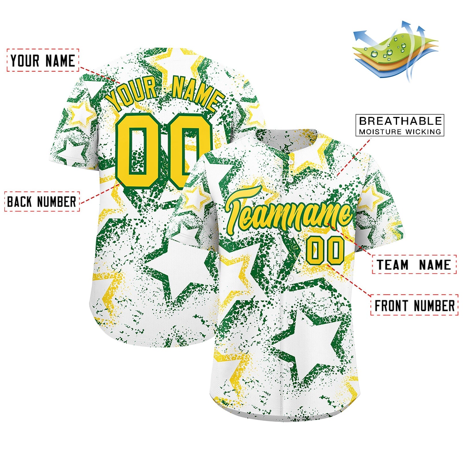 Custom White Kelly Green Gold Star-Shaped Ink Texture Graffiti Pattern Baseball Jersey | Sublimation Printed & Stitched,Add Name and Numbern,Perfect for Parties,Perfect for Training | KXKSHOP