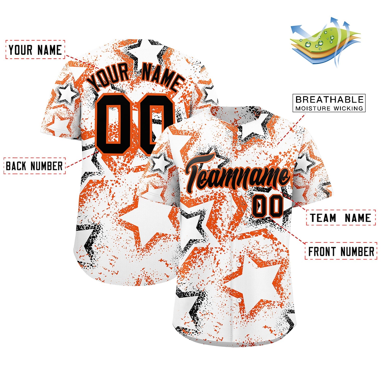 Custom White Orange Black Star-Shaped Ink Texture Graffiti Pattern Baseball Jersey | Sublimation Printed & Stitched,Add Name and Numbern,Perfect for Parties,Perfect for Training | KXKSHOP