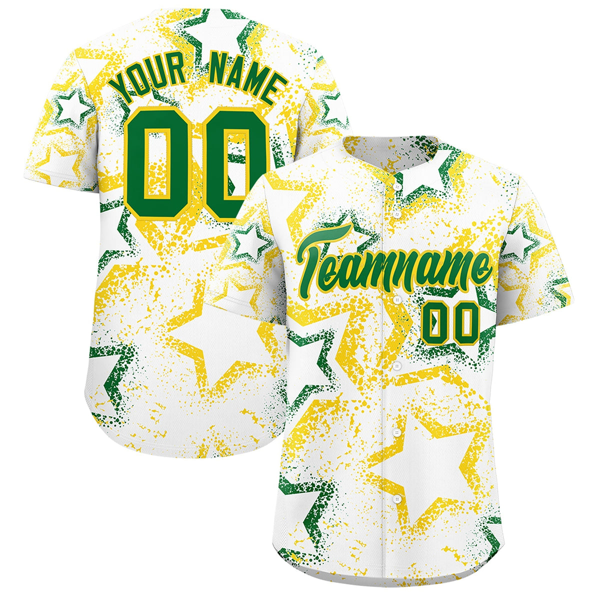 Custom White Gold Kelly Green Star-Shaped Ink Texture Graffiti Pattern Baseball Jersey | Sublimation Printed &amp; Stitched,Add Name and Numbern,Perfect for Parties,Perfect for Training | KXKSHOP