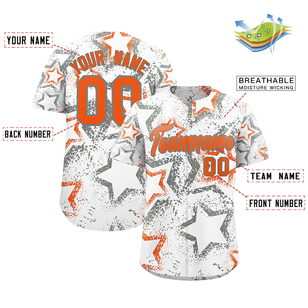 Custom White Orange Star-Shaped Ink Texture Graffiti Pattern Baseball Jersey | Sublimation Printed &amp; Stitched,Add Name and Numbern,Perfect for Parties,Perfect for Training | KXKSHOP