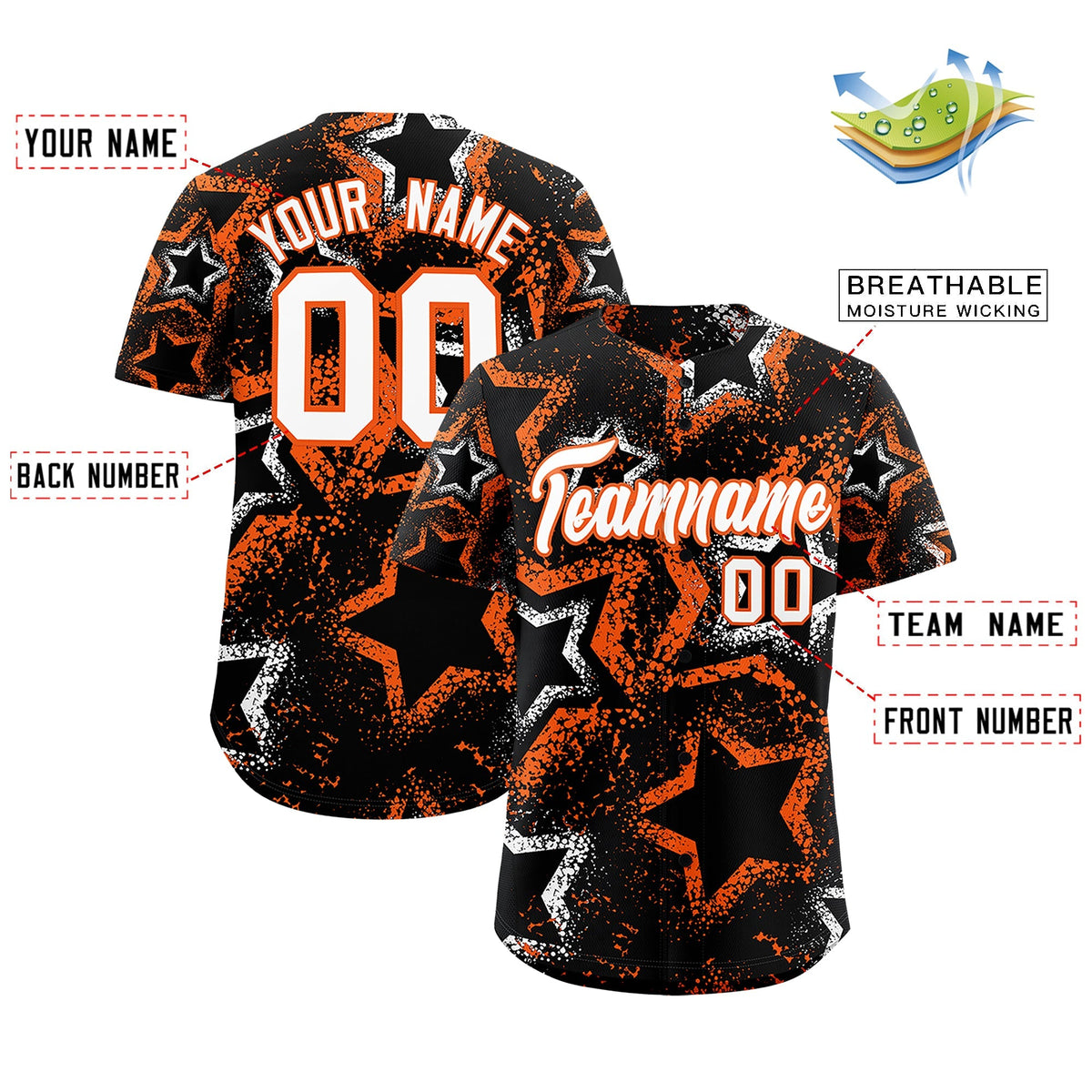 Custom Black White Orange Star-Shaped Ink Texture Graffiti Pattern Baseball Jersey | Sublimation Printed &amp; Stitched,Add Name and Numbern,Perfect for Parties,Perfect for Training | KXKSHOP