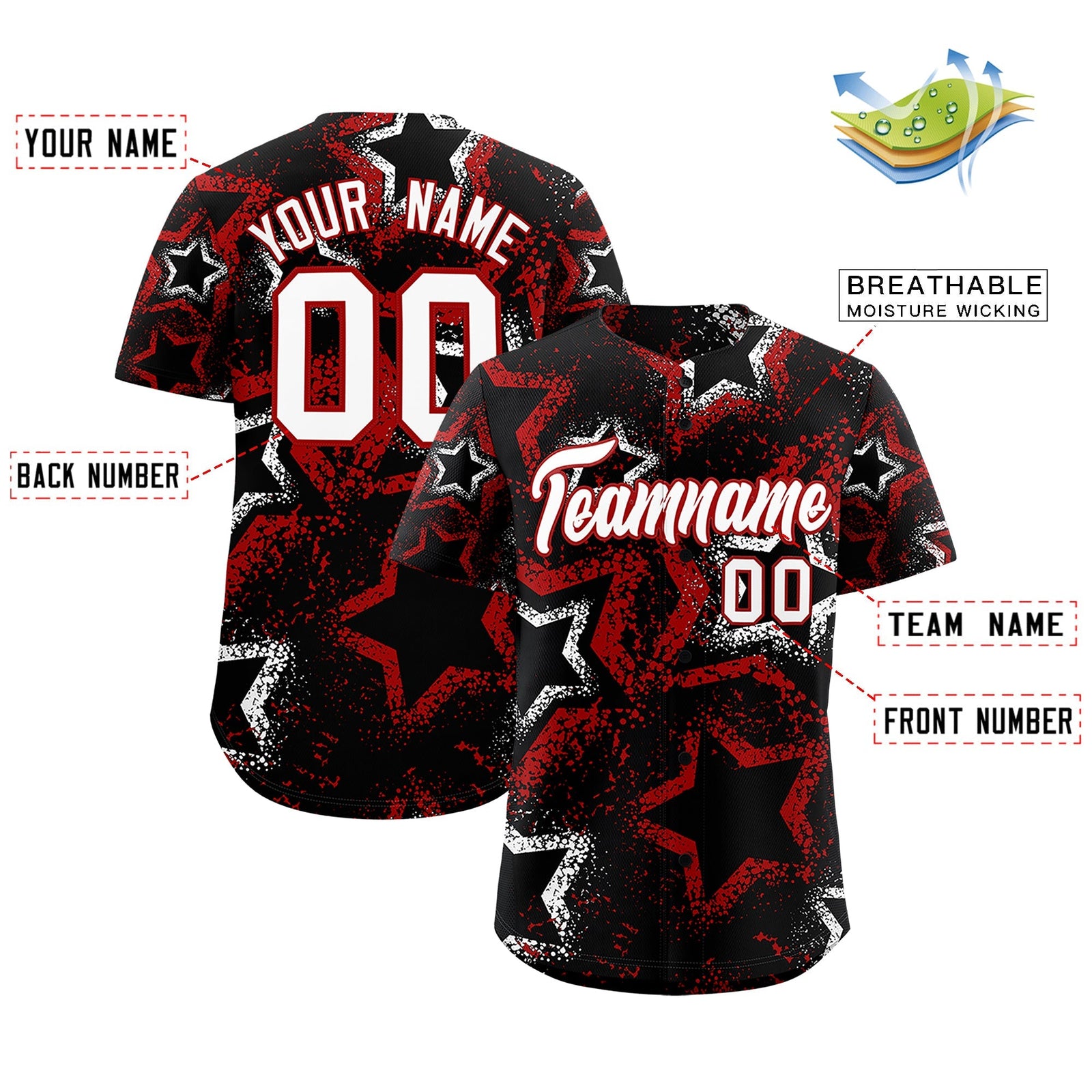 Custom Black White Red Star-Shaped Ink Texture Graffiti Pattern Baseball Jersey | Sublimation Printed & Stitched,Add Name and Numbern,Perfect for Parties,Perfect for Training | KXKSHOP