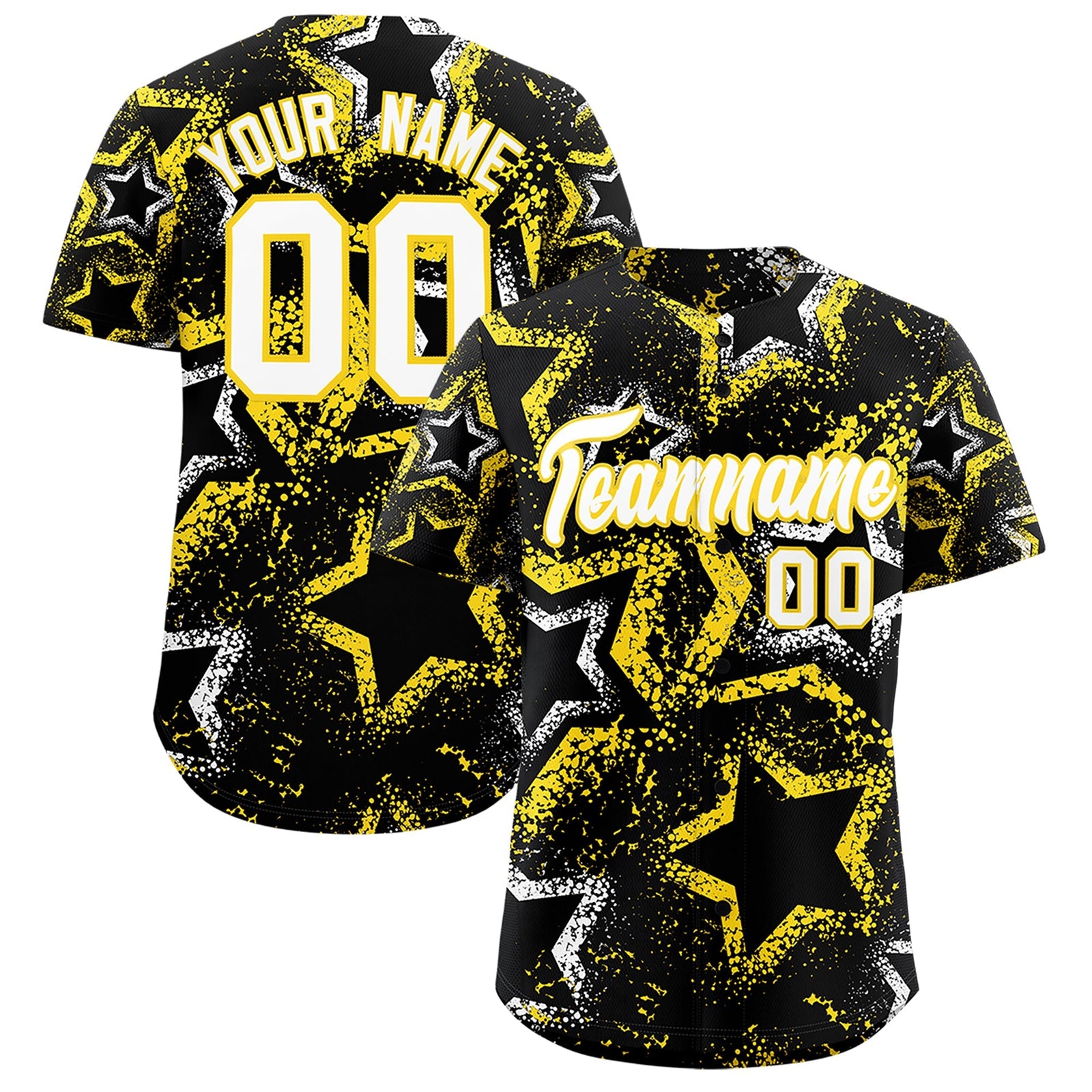 Custom Black White Gold Star-Shaped Ink Texture Graffiti Pattern Baseball Jersey | Sublimation Printed & Stitched,Add Name and Numbern,Perfect for Parties,Perfect for Training | KXKSHOP