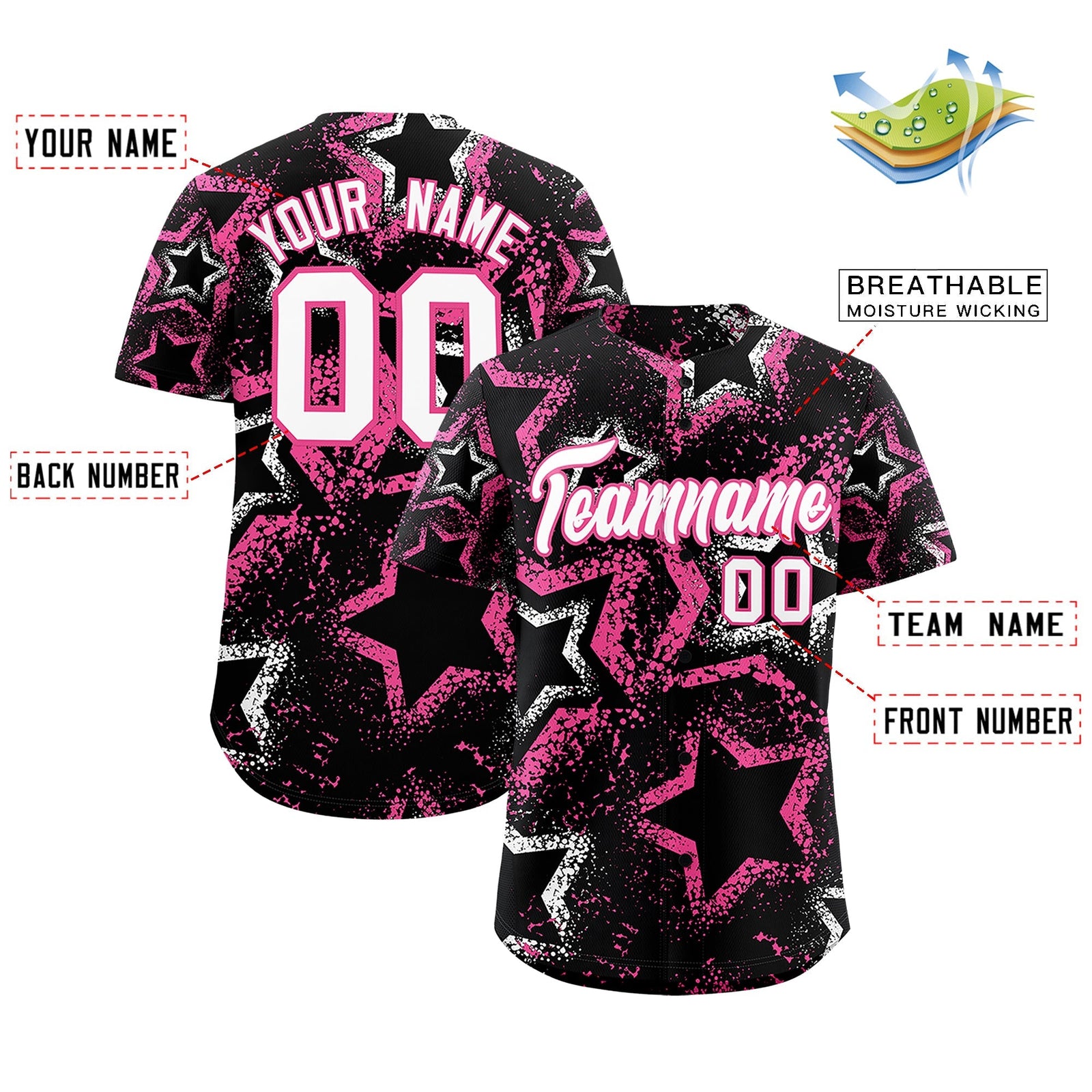 Custom Black White Pink Star-Shaped Ink Texture Graffiti Pattern Baseball Jersey | Sublimation Printed & Stitched,Add Name and Numbern,Perfect for Parties,Perfect for Training | KXKSHOP