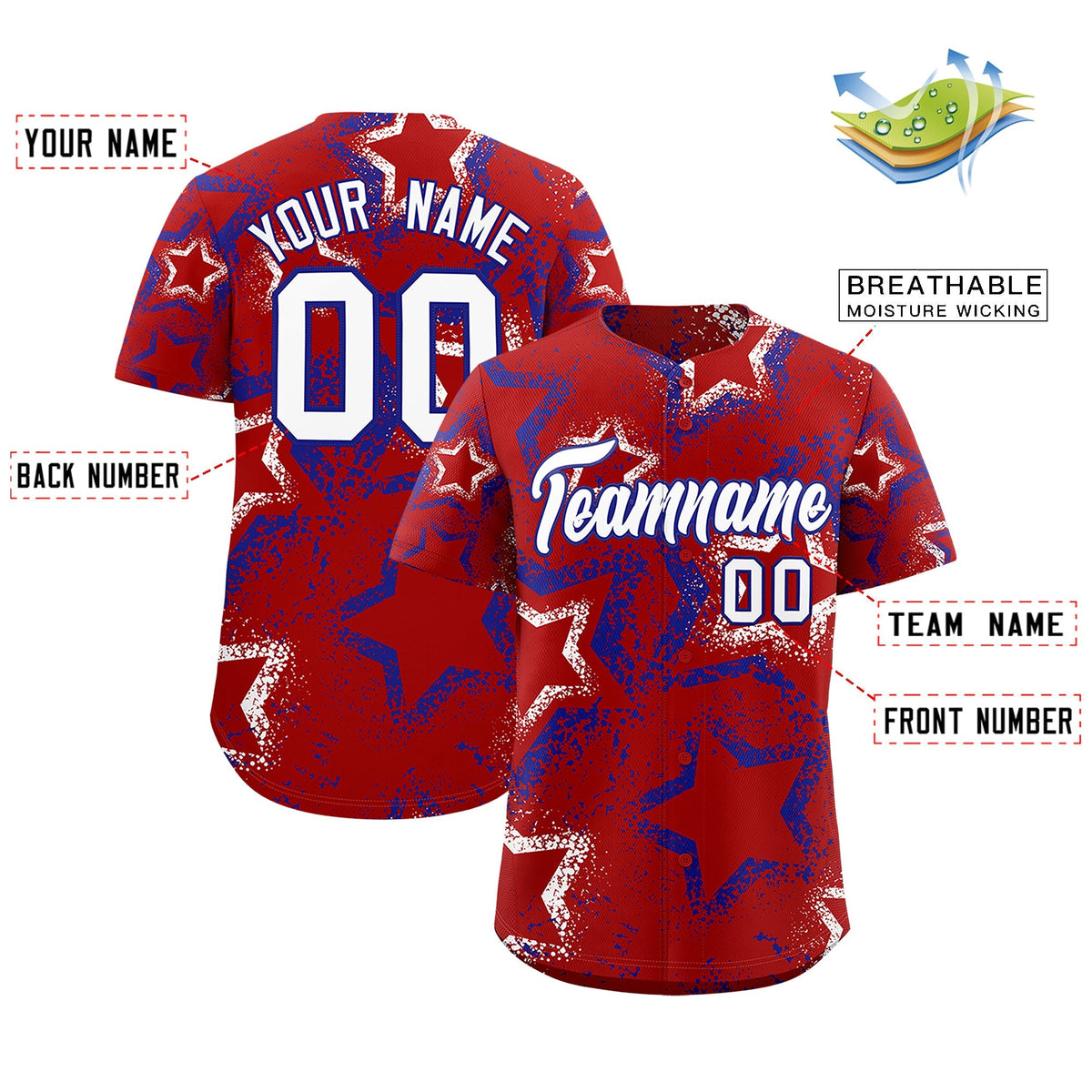 Custom Red White Royal Blue Star-Shaped Ink Texture Graffiti Pattern Baseball Jersey | Sublimation Printed & Stitched,Add Name and Numbern,Perfect for Parties,Perfect for Training | KXKSHOP