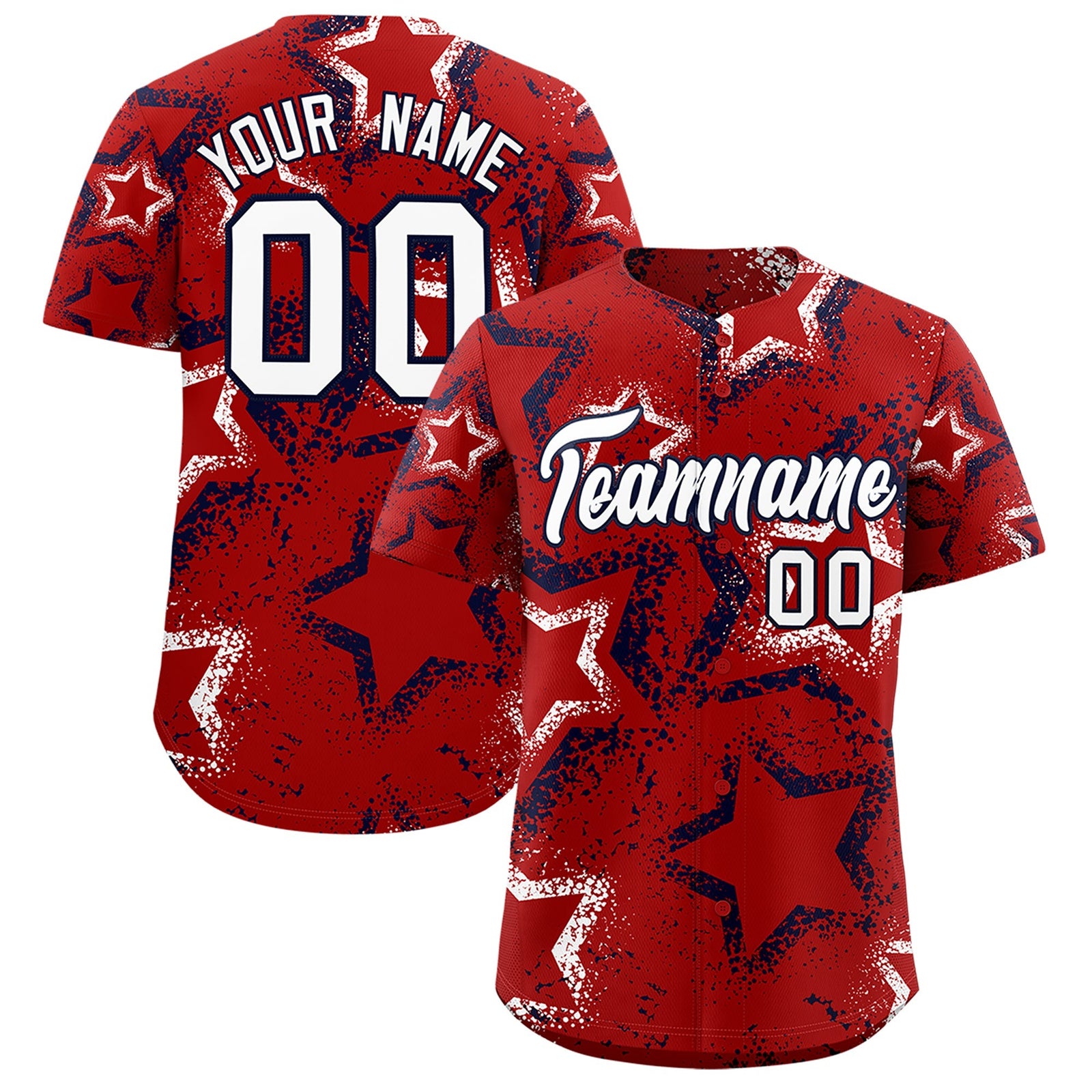 Custom Red White Navy Star-Shaped Ink Texture Graffiti Pattern Baseball Jersey | Sublimation Printed & Stitched,Add Name and Numbern,Perfect for Parties,Perfect for Training | KXKSHOP