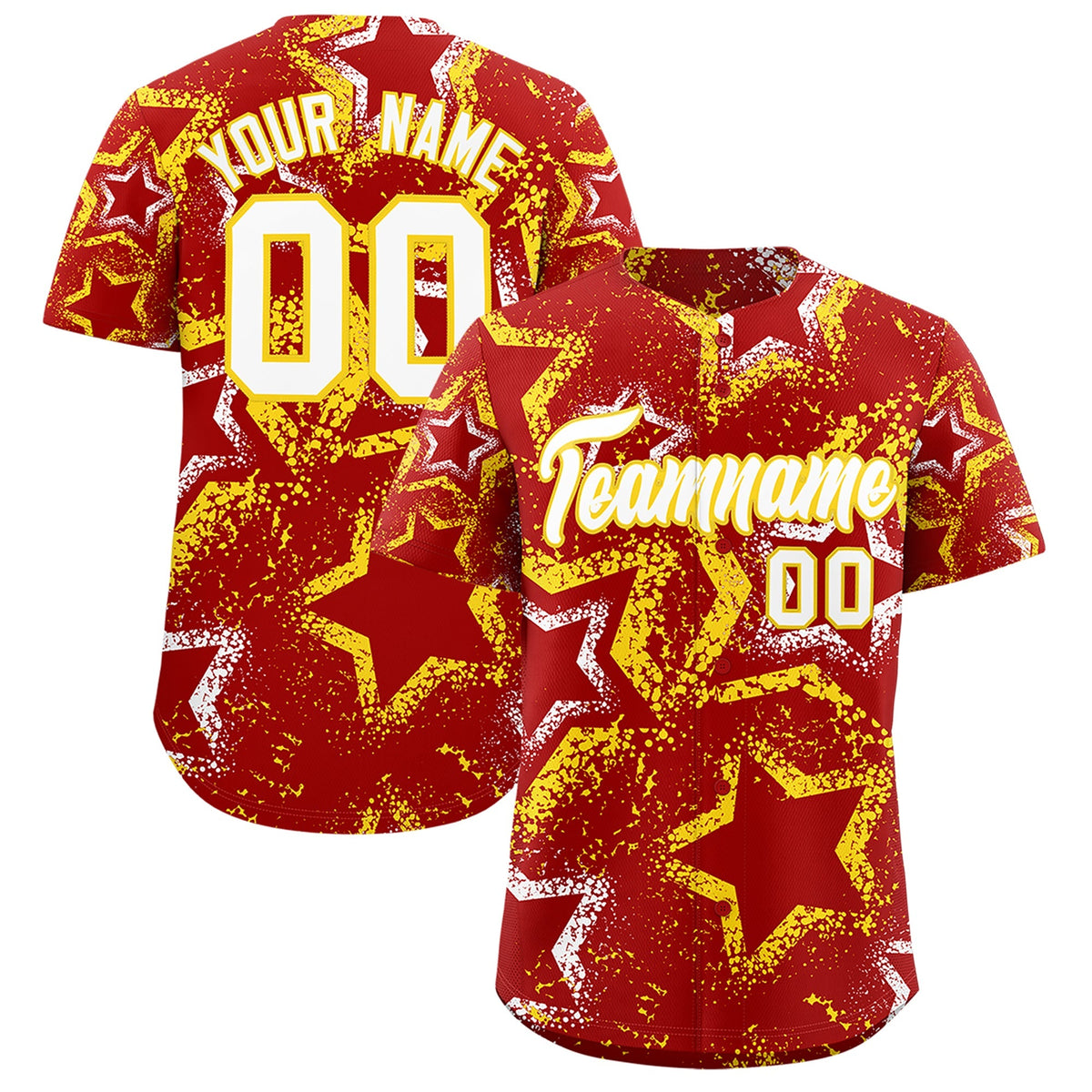 Custom Red White Gold Star-Shaped Ink Texture Graffiti Pattern Baseball Jersey | Sublimation Printed &amp; Stitched,Add Name and Numbern,Perfect for Parties,Perfect for Training | KXKSHOP