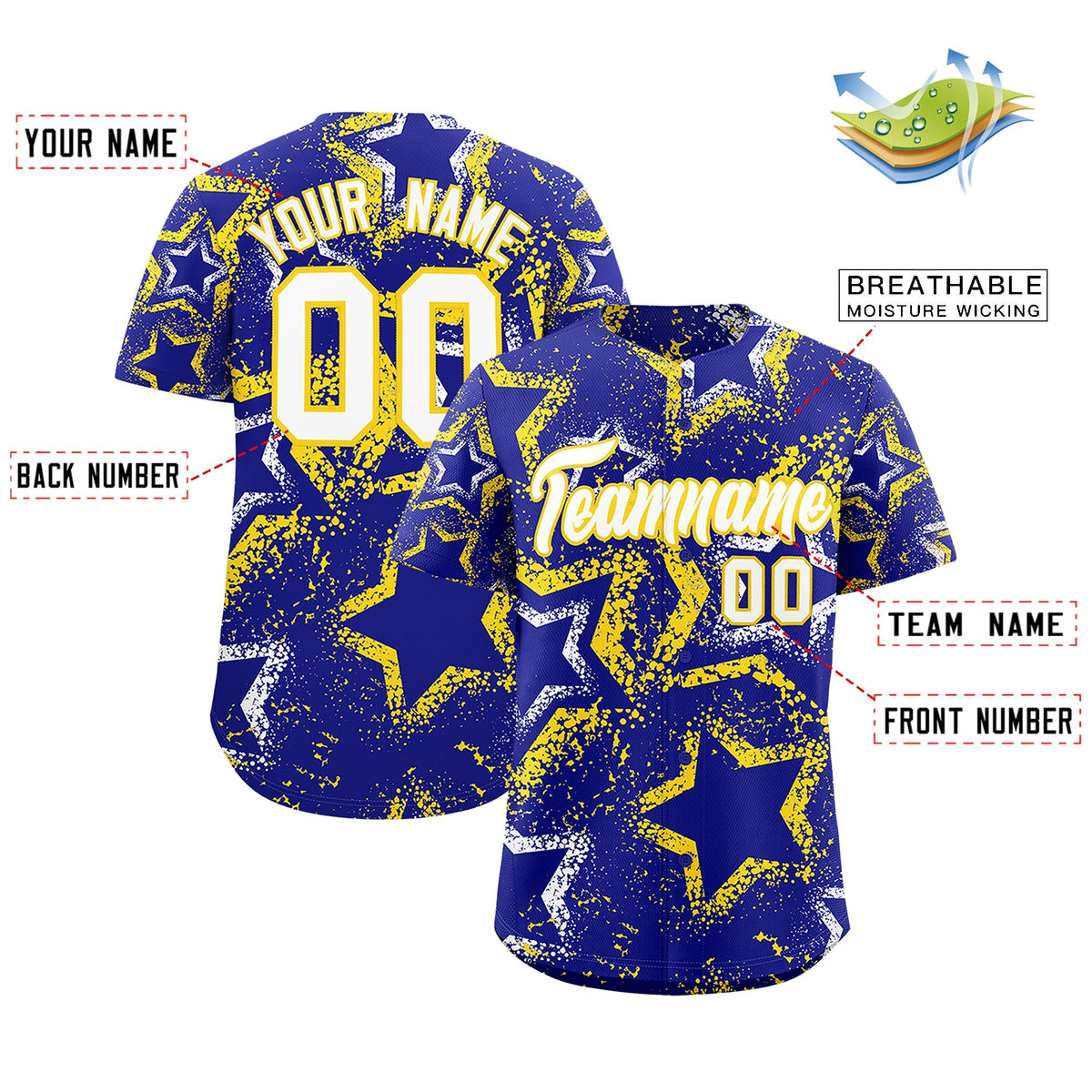 Custom Royal Blue White Gold Star-Shaped Ink Texture Graffiti Pattern Baseball Jersey | Sublimation Printed &amp; Stitched,Add Name and Numbern,Perfect for Parties,Perfect for Training | KXKSHOP