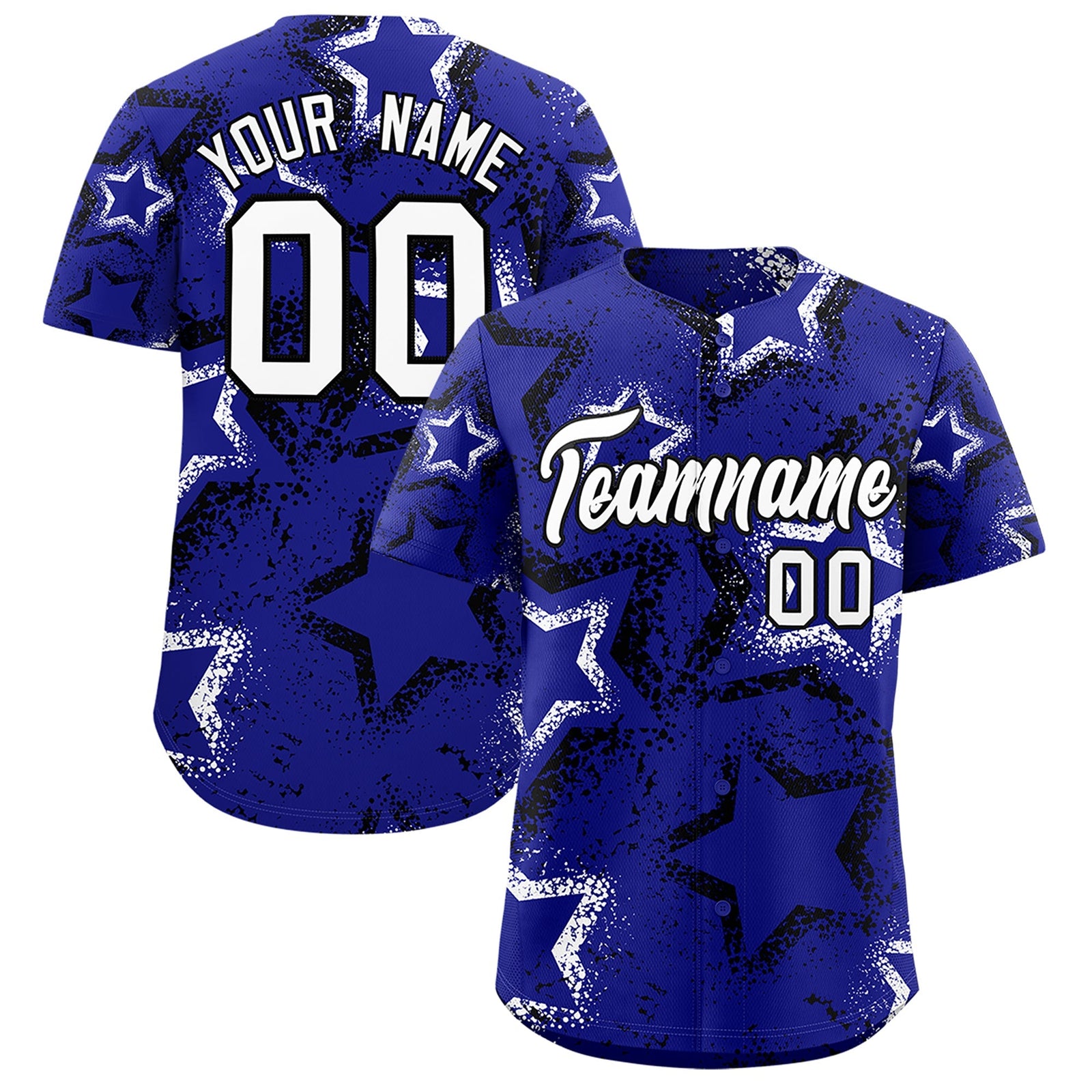 Custom Royal Blue Black White Star-Shaped Ink Texture Graffiti Pattern Baseball Jersey | Sublimation Printed & Stitched,Add Name and Numbern,Perfect for Parties,Perfect for Training | KXKSHOP