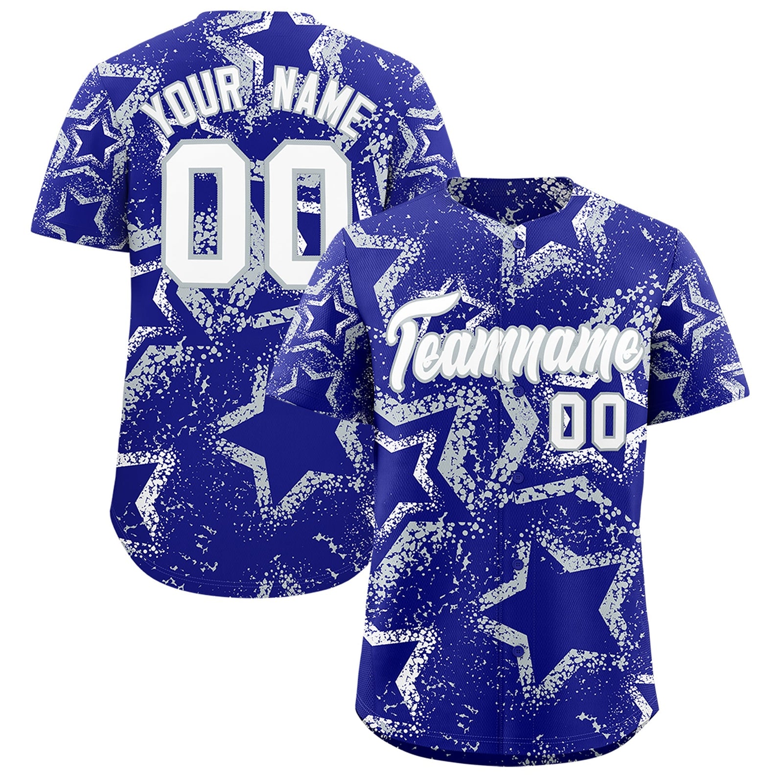 Custom Royal Blue White Silver Star-Shaped Ink Texture Graffiti Pattern Baseball Jersey | Sublimation Printed & Stitched,Add Name and Numbern,Perfect for Parties,Perfect for Training | KXKSHOP