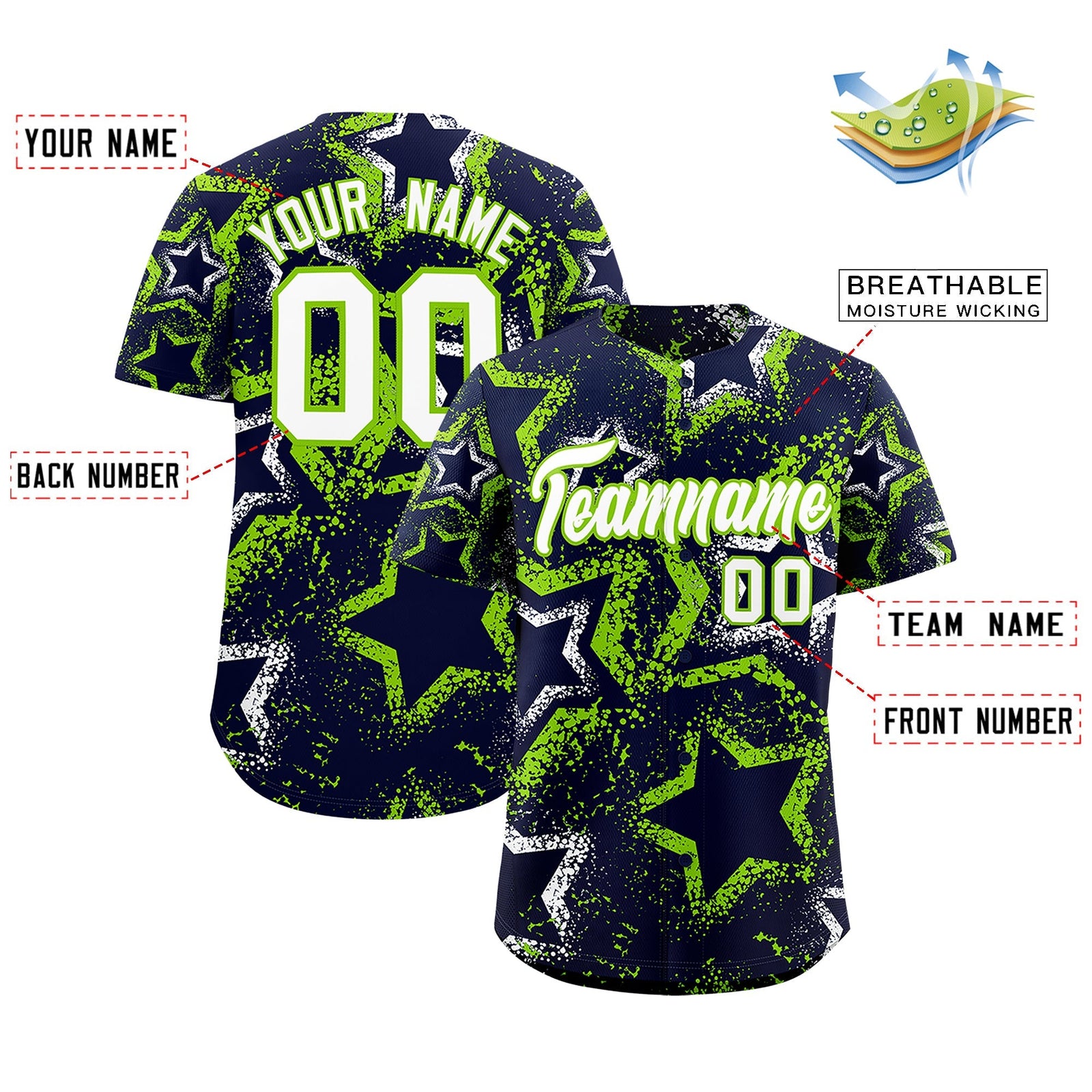 Custom Navy White Neon Green Star-Shaped Ink Texture Graffiti Pattern Baseball Jersey | Sublimation Printed & Stitched,Add Name and Numbern,Perfect for Parties,Perfect for Training | KXKSHOP