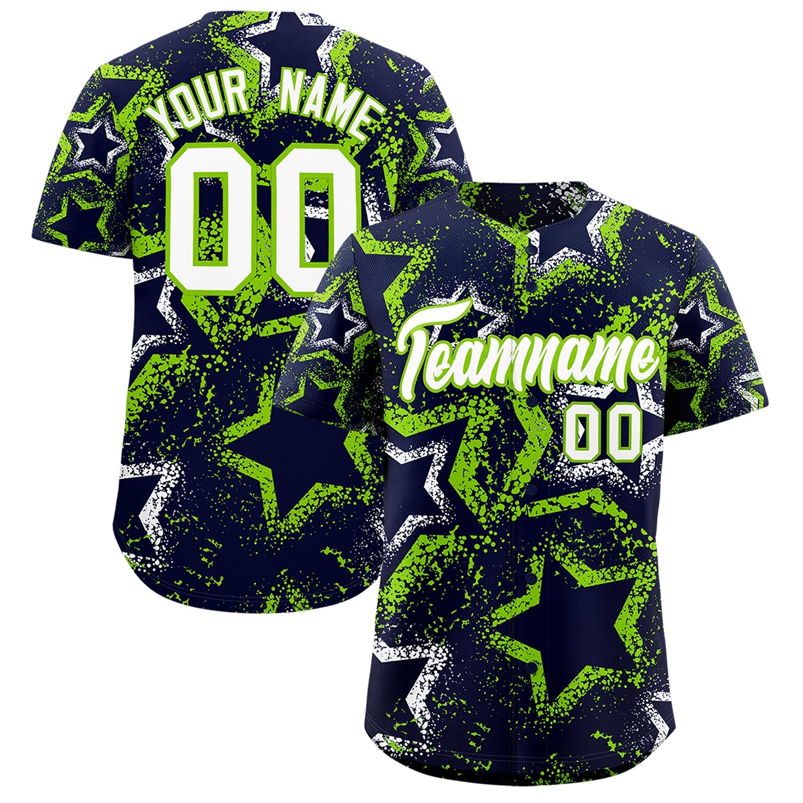 Custom Navy White Neon Green Star-Shaped Ink Texture Graffiti Pattern Baseball Jersey | Sublimation Printed & Stitched,Add Name and Numbern,Perfect for Parties,Perfect for Training | KXKSHOP