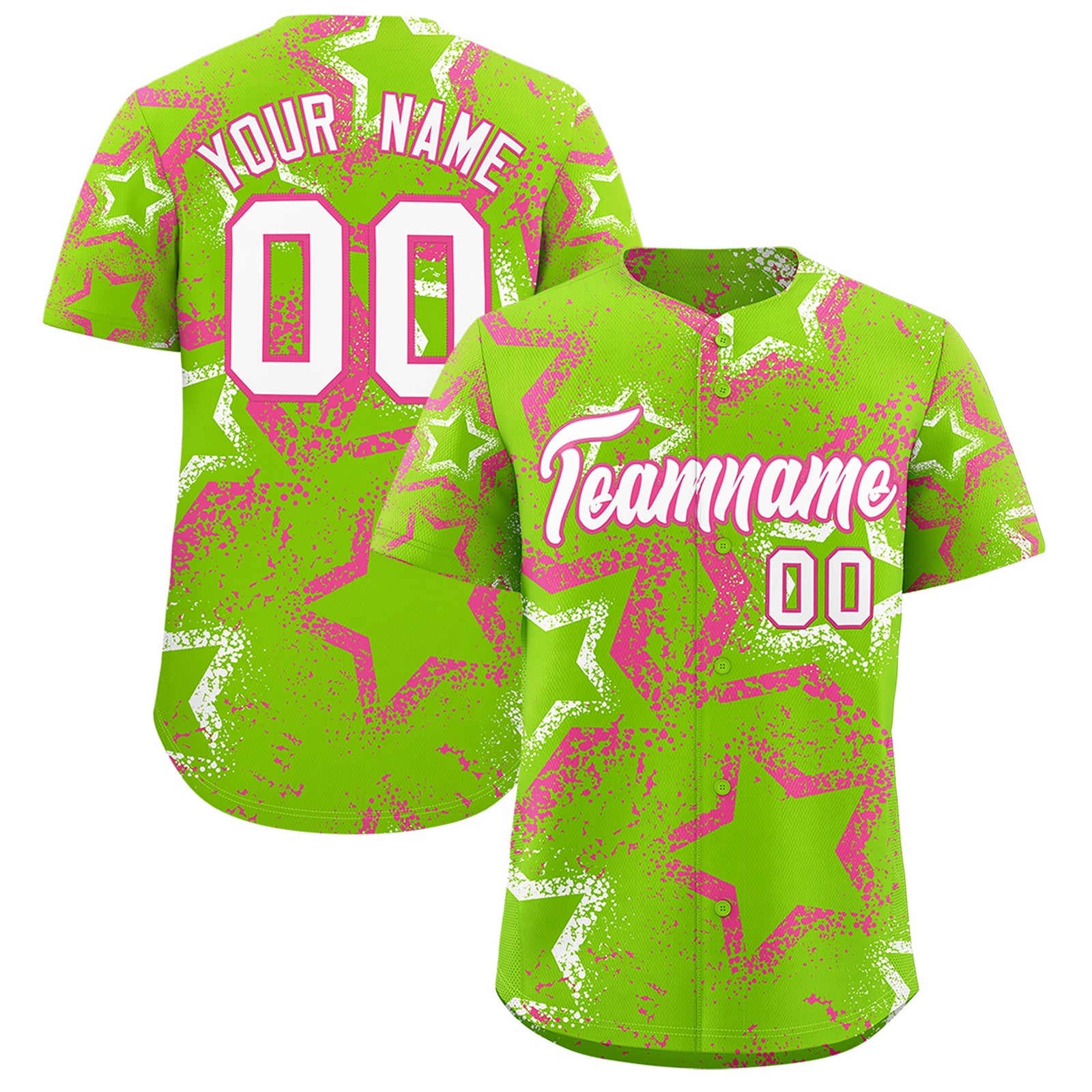 Custom Neon Green Pink White Star-Shaped Ink Texture Graffiti Pattern Baseball Jersey | Sublimation Printed & Stitched,Add Name and Numbern,Perfect for Parties,Perfect for Training | KXKSHOP