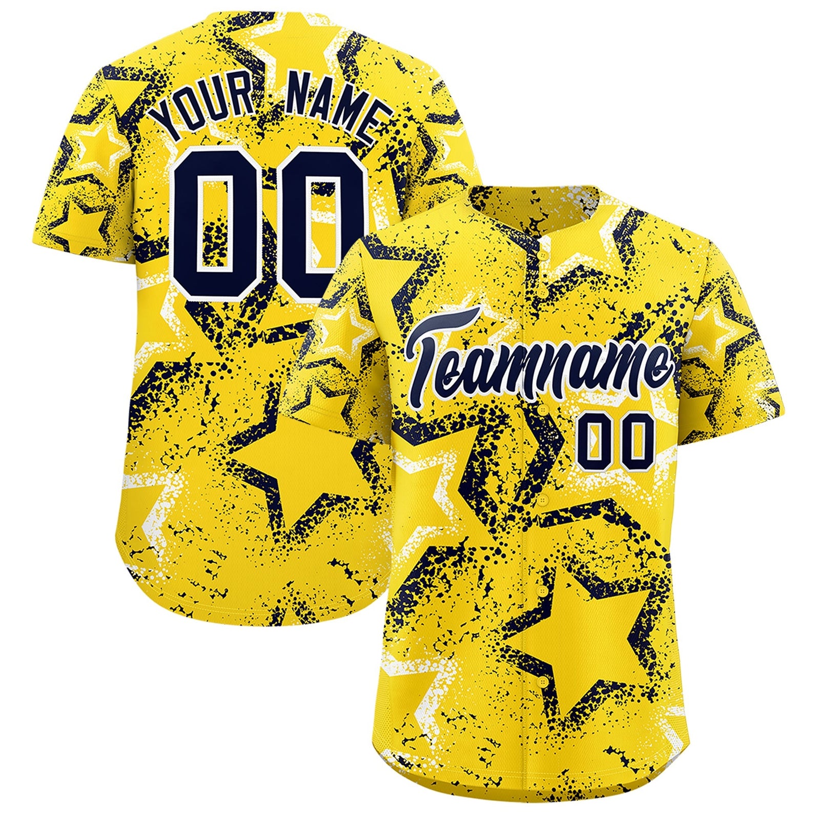 Custom Gold White Navy Star-Shaped Ink Texture Graffiti Pattern Baseball Jersey | Sublimation Printed & Stitched,Add Name and Numbern,Perfect for Parties,Perfect for Training | KXKSHOP