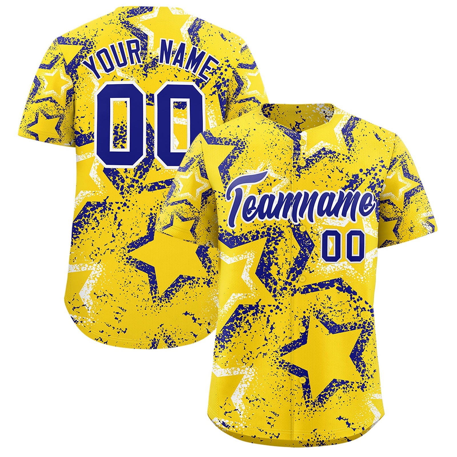 Custom Gold White Royal Blue Star-Shaped Ink Texture Graffiti Pattern Baseball Jersey | Sublimation Printed & Stitched,Add Name and Numbern,Perfect for Parties,Perfect for Training | KXKSHOP