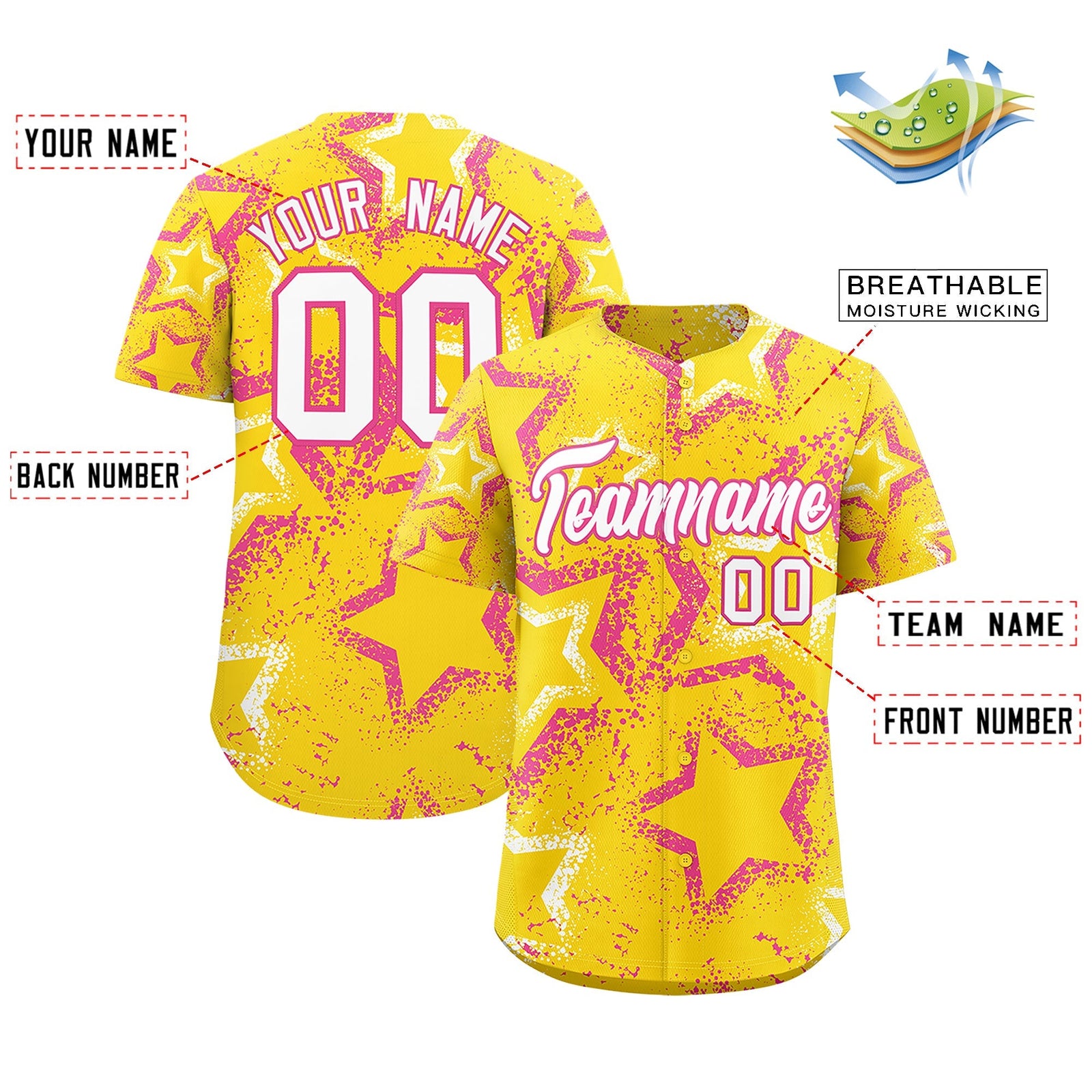 Custom Gold White Pink Star-Shaped Ink Texture Graffiti Pattern Baseball Jersey | Sublimation Printed & Stitched,Add Name and Numbern,Perfect for Parties,Perfect for Training | KXKSHOP