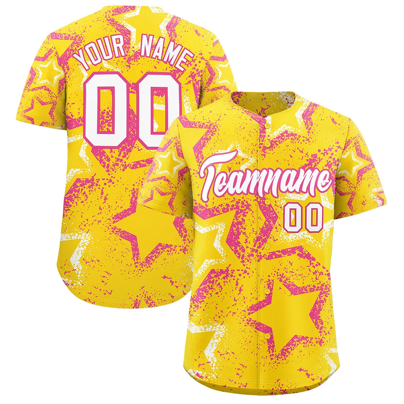 Custom Gold White Pink Star-Shaped Ink Texture Graffiti Pattern Baseball Jersey | Sublimation Printed & Stitched,Add Name and Numbern,Perfect for Parties,Perfect for Training | KXKSHOP