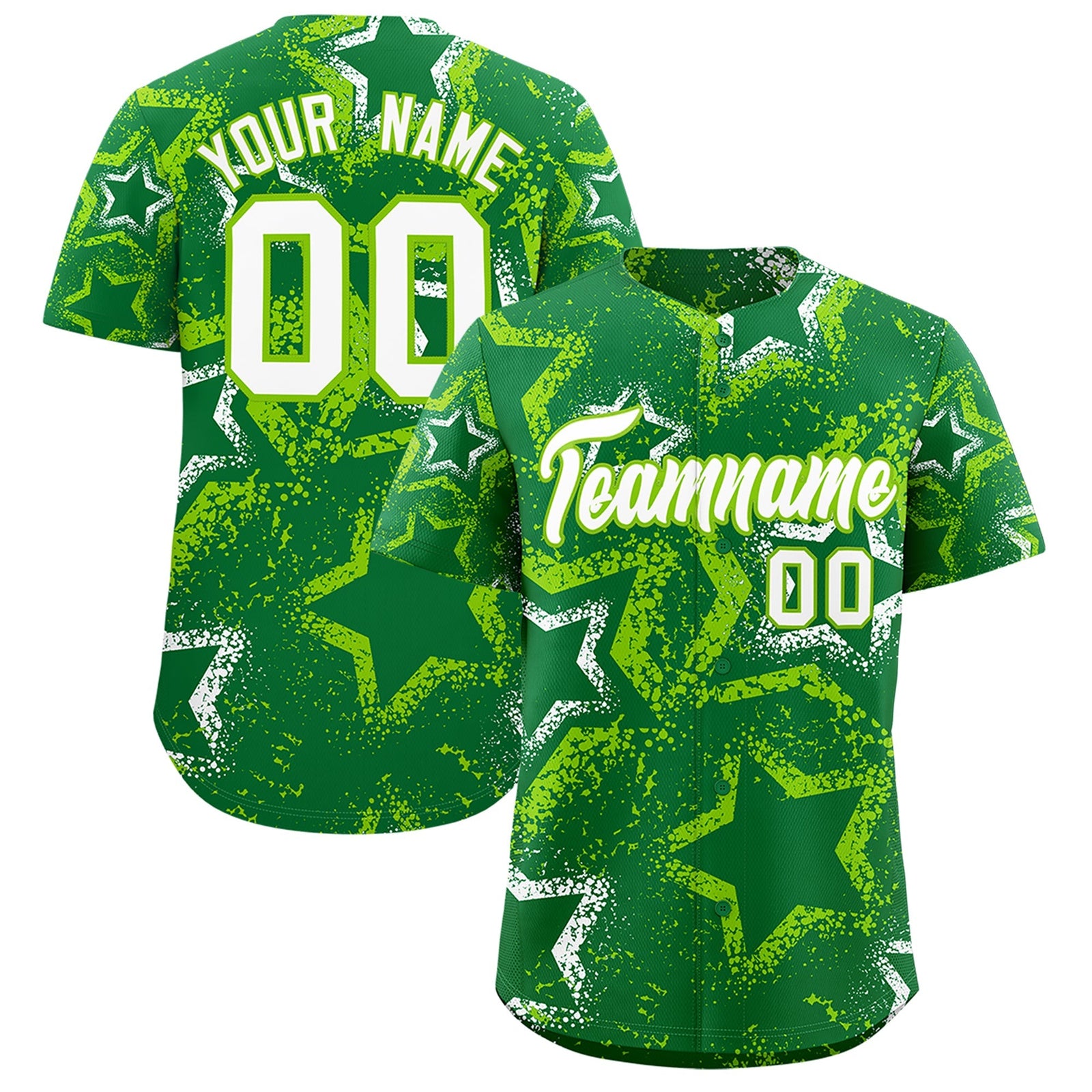 Custom Kelly Green White Neon Green Star-Shaped Ink Texture Graffiti Pattern Baseball Jersey | Sublimation Printed & Stitched,Add Name and Numbern,Perfect for Parties,Perfect for Training | KXKSHOP