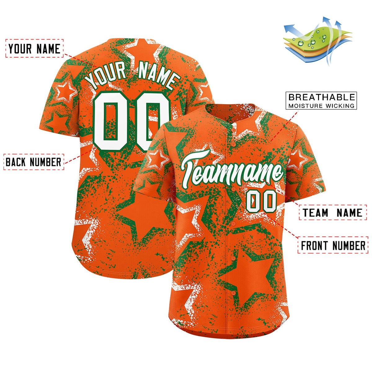 Custom Orange Kelly Green White Star-Shaped Ink Texture Graffiti Pattern Baseball Jersey | Sublimation Printed &amp; Stitched,Add Name and Numbern,Perfect for Parties,Perfect for Training | KXKSHOP