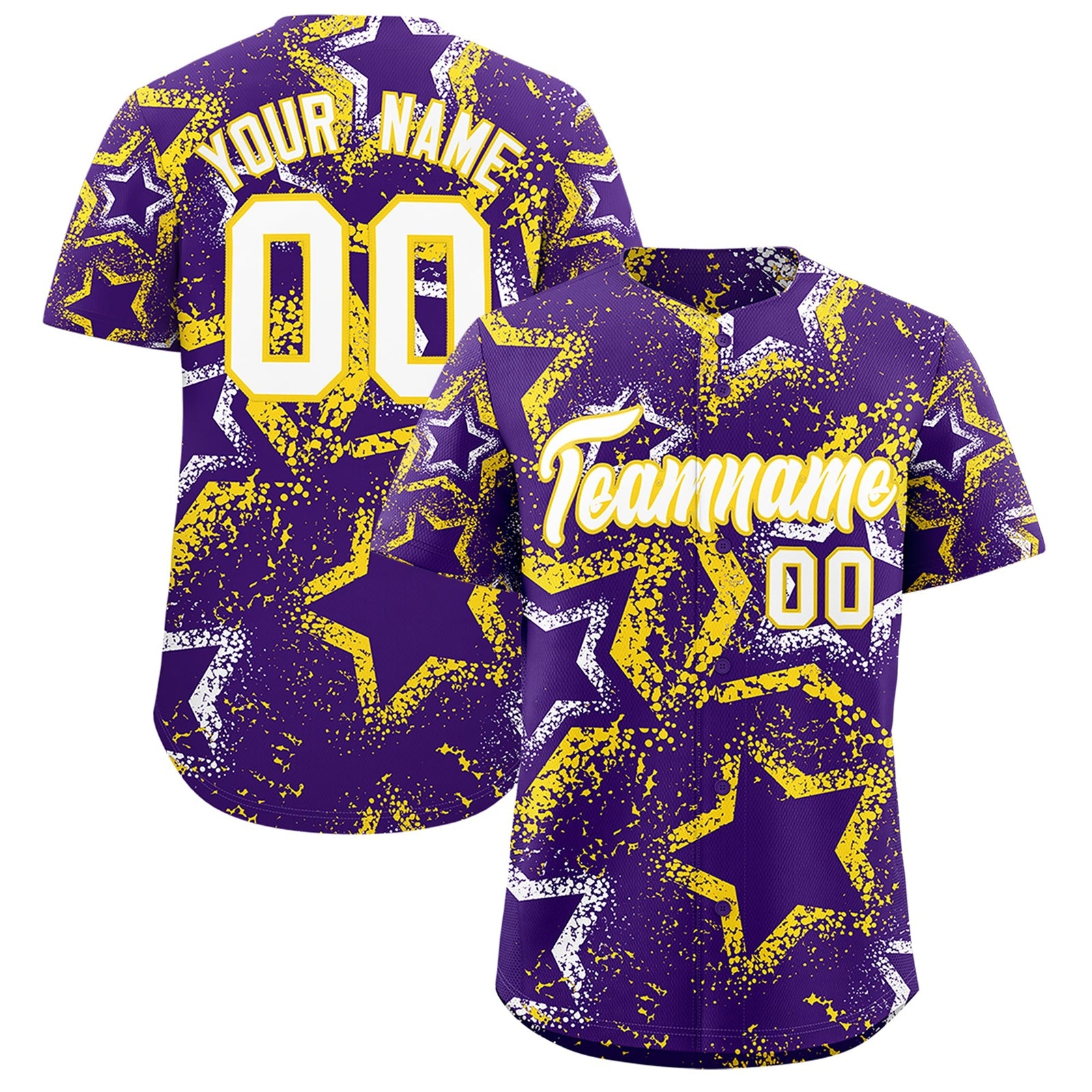 Custom Purple White Gold Star-Shaped Ink Texture Graffiti Pattern Baseball Jersey | Sublimation Printed & Stitched,Add Name and Numbern,Perfect for Parties,Perfect for Training | KXKSHOP