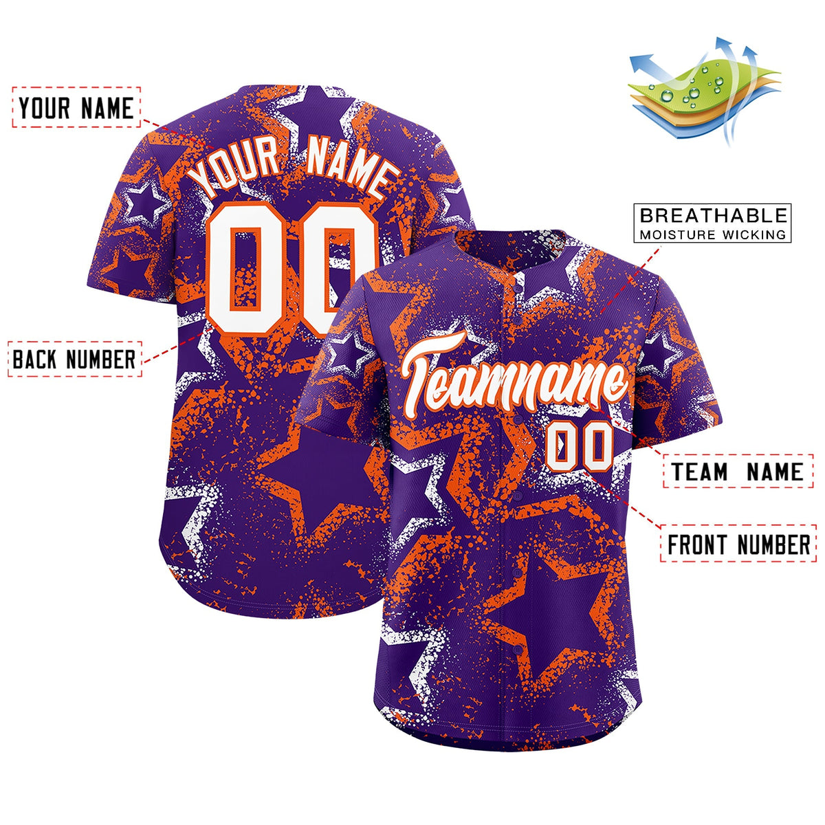 Custom Purple White Orange Star-Shaped Ink Texture Graffiti Pattern Baseball Jersey | Sublimation Printed &amp; Stitched,Add Name and Numbern,Perfect for Parties,Perfect for Training | KXKSHOP