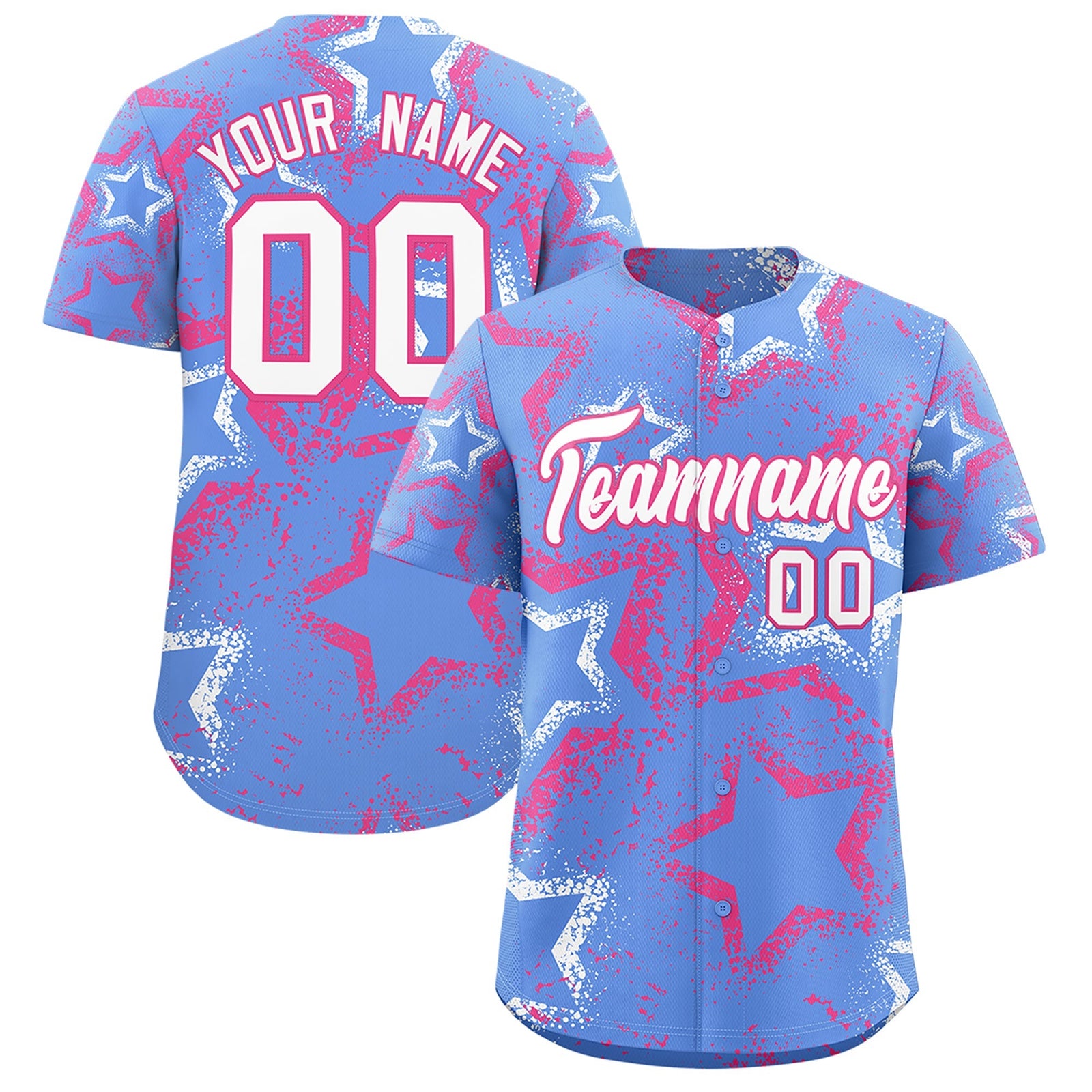 Custom Light Blue White Pink Star-Shaped Ink Texture Graffiti Pattern Baseball Jersey | Sublimation Printed & Stitched,Add Name and Numbern,Perfect for Parties,Perfect for Training | KXKSHOP