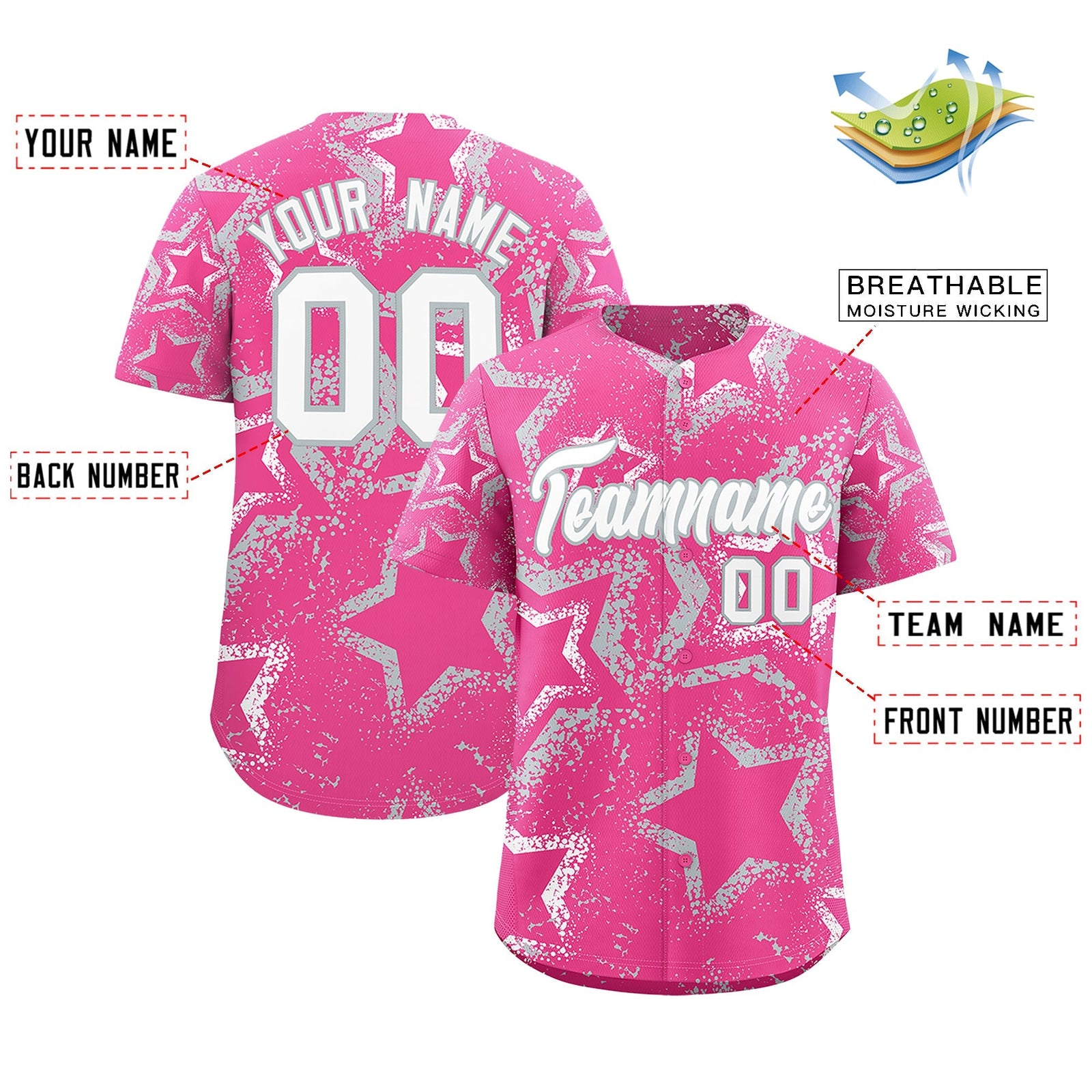 Custom Pink White Silver Star-Shaped Ink Texture Graffiti Pattern Baseball Jersey | Sublimation Printed & Stitched,Add Name and Numbern,Perfect for Parties,Perfect for Training | KXKSHOP