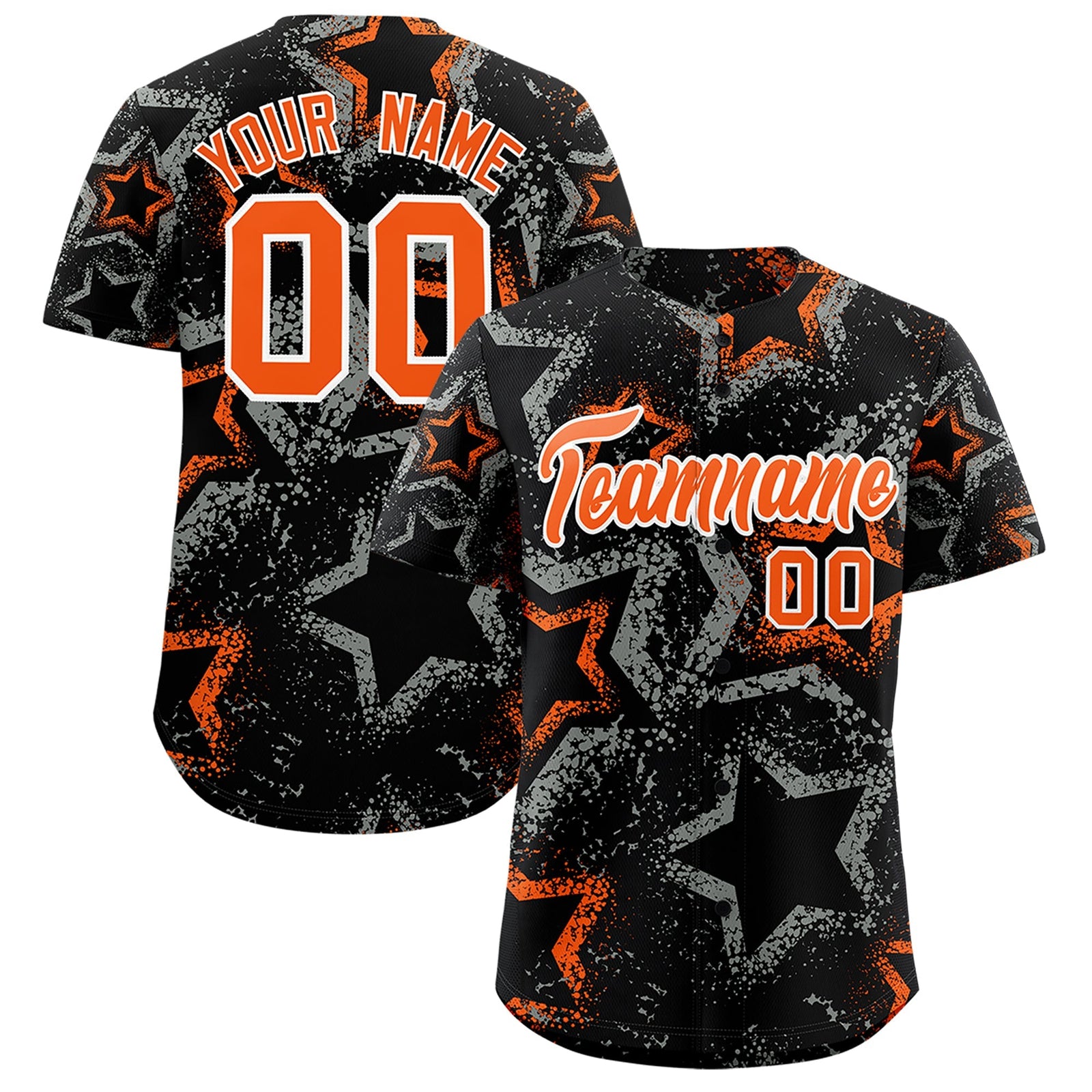 Custom Black Orange White Star-Shaped Ink Texture Graffiti Pattern Baseball Jersey | Sublimation Printed & Stitched,Add Name and Numbern,Perfect for Parties,Perfect for Training | KXKSHOP