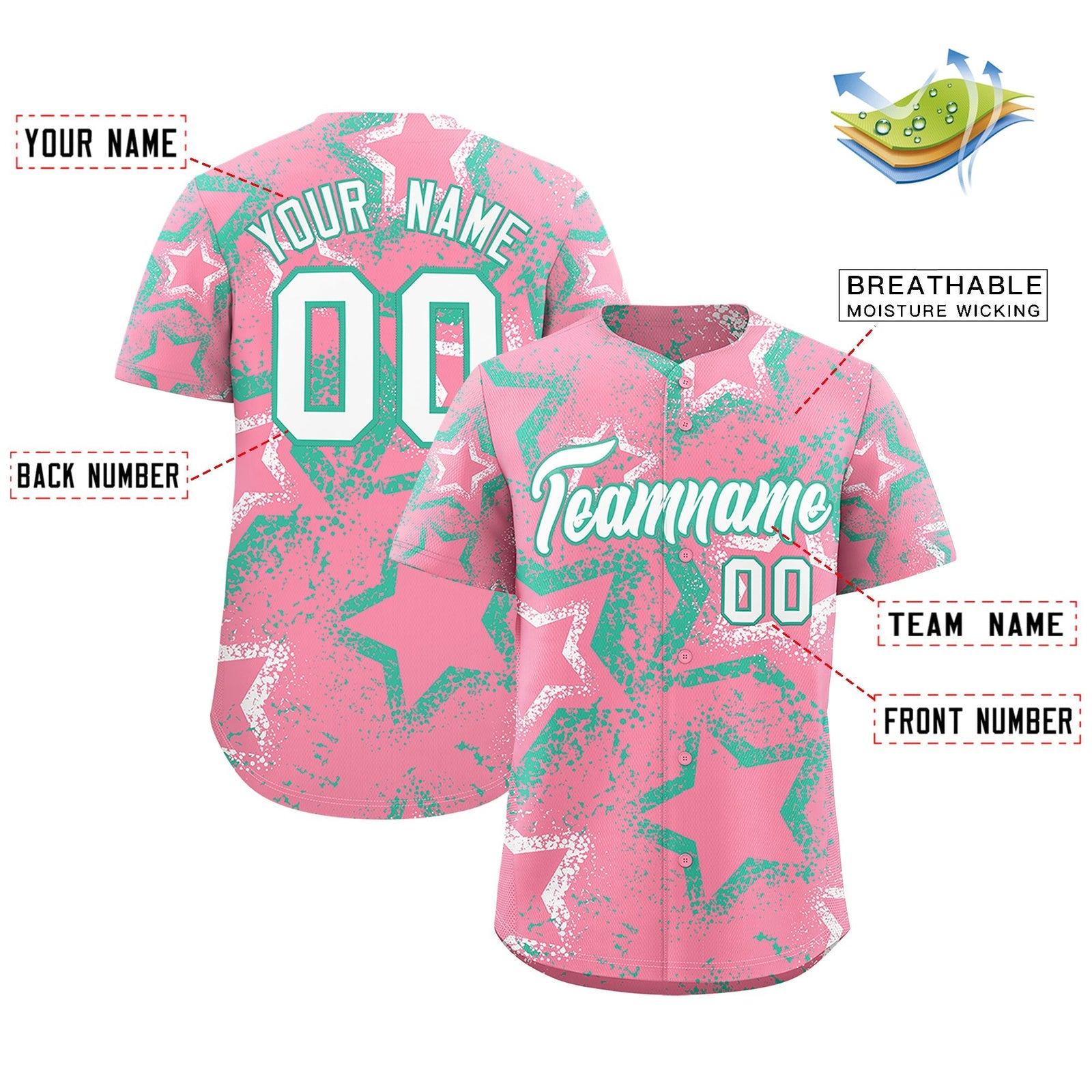 Custom Light Pink White Bright Green Star-Shaped Ink Texture Graffiti Pattern Baseball Jersey | Sublimation Printed & Stitched,Add Name and Numbern,Perfect for Parties,Perfect for Training | KXKSHOP