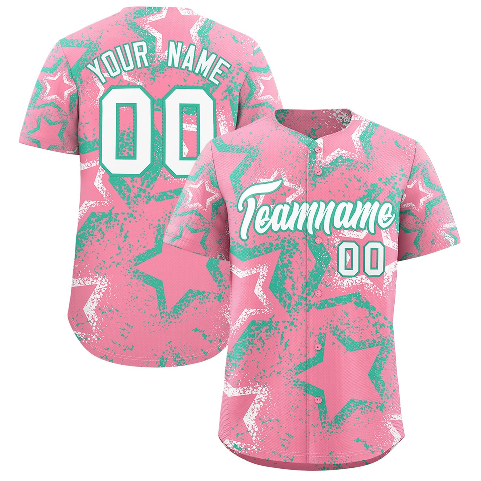 Custom Light Pink White Bright Green Star-Shaped Ink Texture Graffiti Pattern Baseball Jersey | Sublimation Printed & Stitched,Add Name and Numbern,Perfect for Parties,Perfect for Training | KXKSHOP