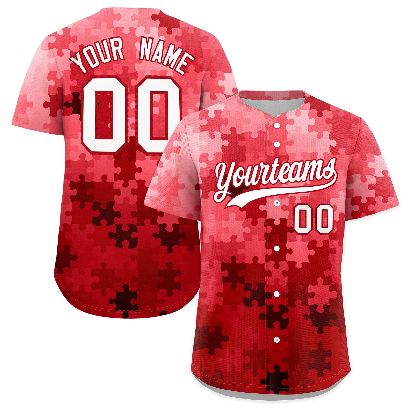 Custom Red White Puzzle Elements Baseball Jersey | Sublimation Printed & Stitched,Add Name and Numbern,Perfect for Teams | KXKSHOP