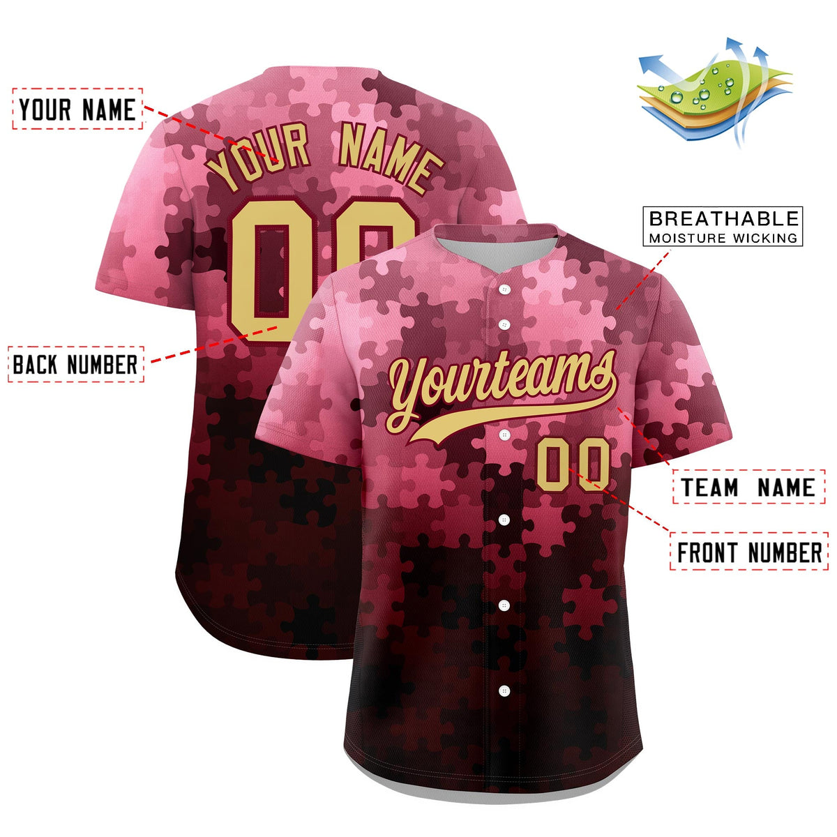 Custom Khaki Crimson Puzzle Elements Baseball Jersey | Sublimation Printed &amp; Stitched,Add Name and Numbern,Perfect for Teams | KXKSHOP