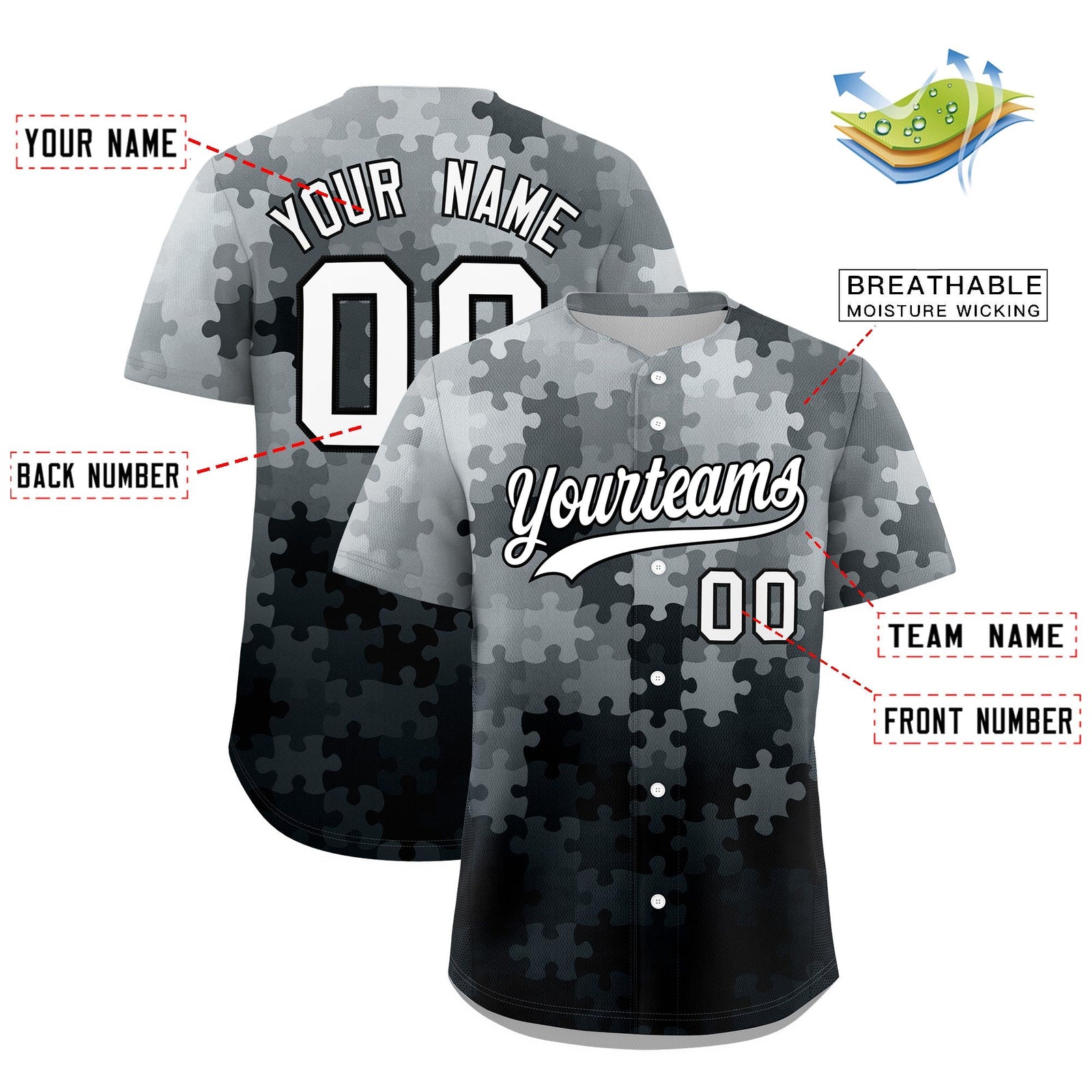 Custom Black White Puzzle Elements Baseball Jersey | Sublimation Printed & Stitched,Add Name and Numbern,Perfect for Teams | KXKSHOP